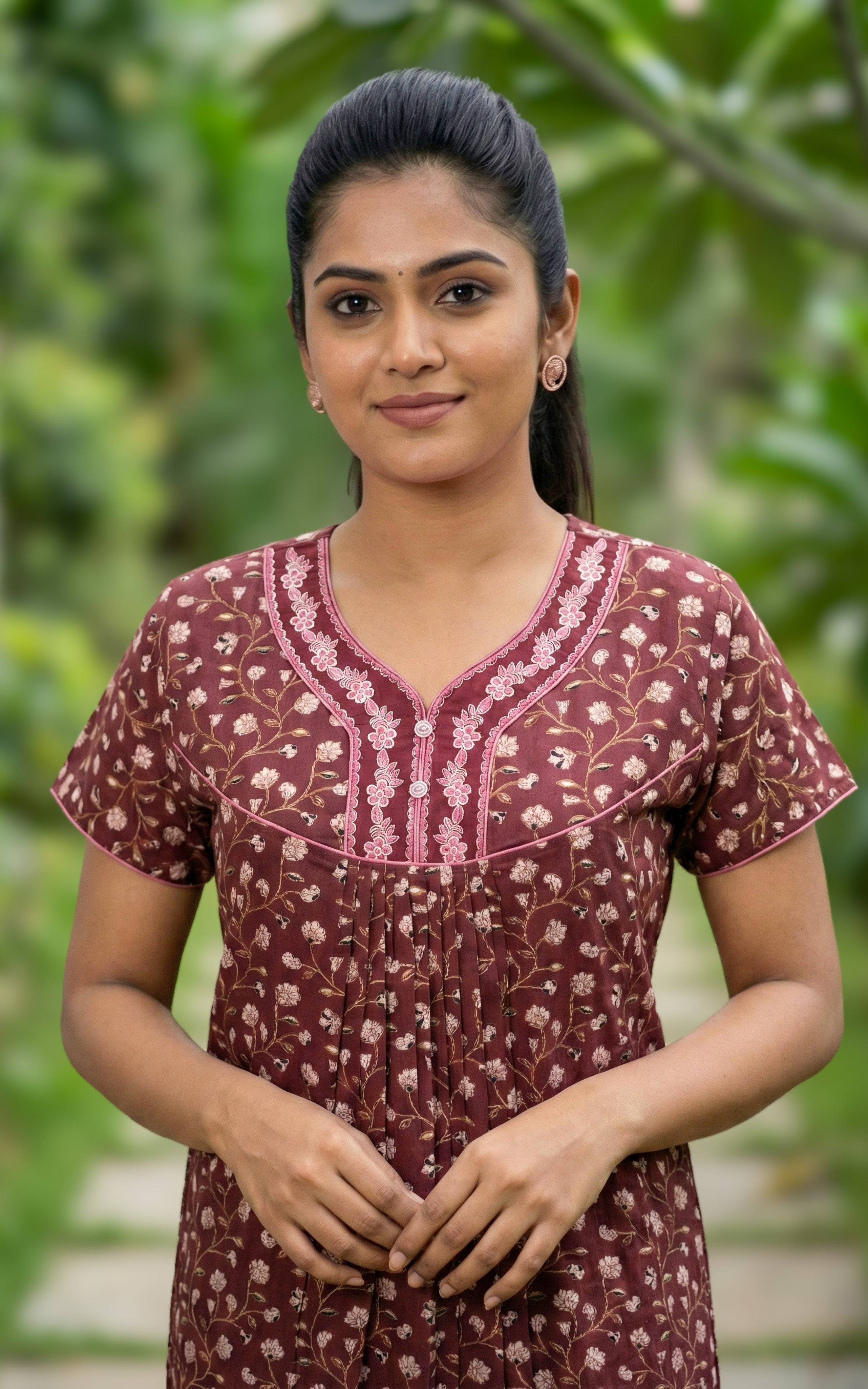 Instore – Rust Cotton Long Nighty, Floral Print, Round Neck with Contrast Yoke Panel, Relaxed Fit, Women's Sleepwear