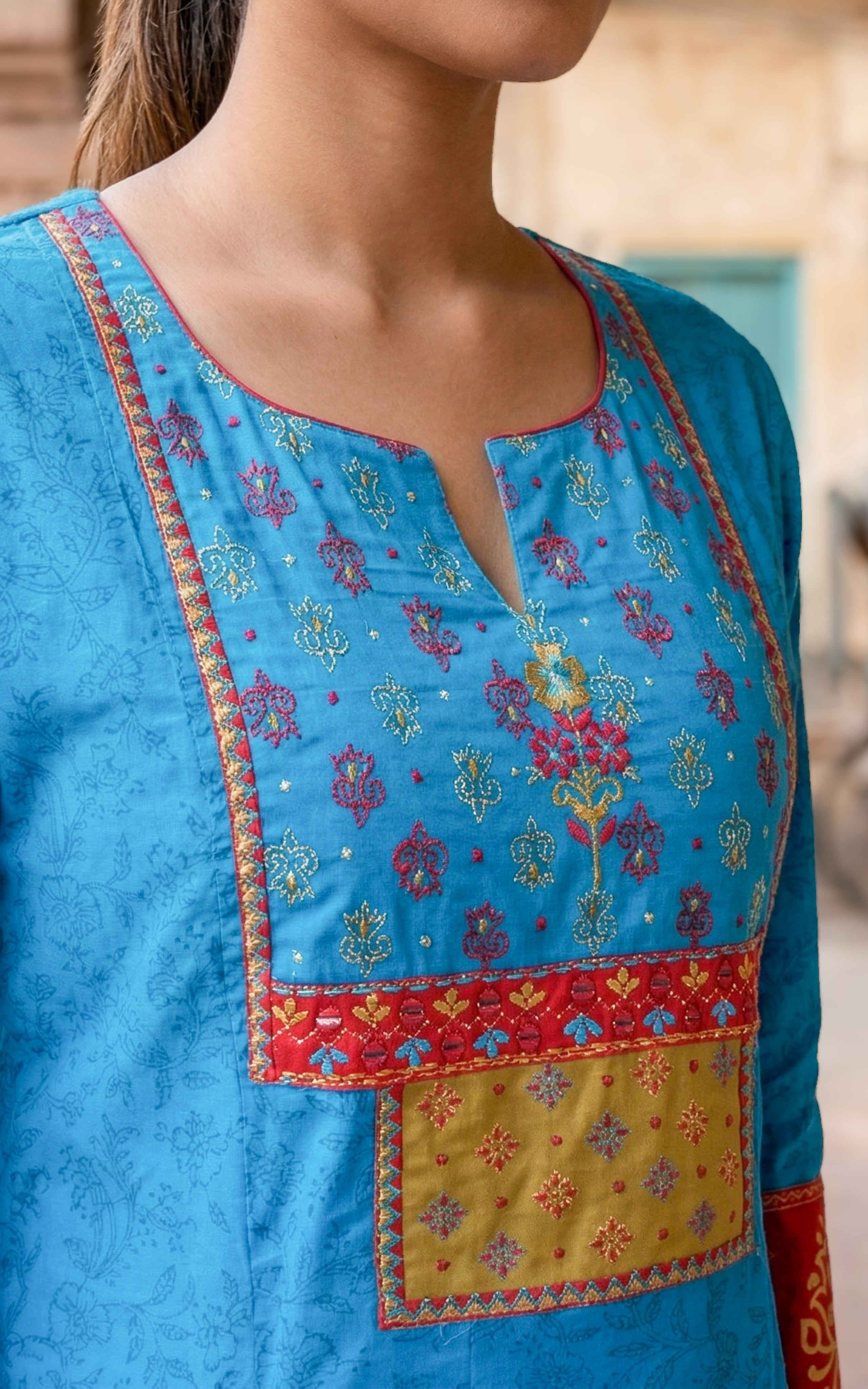 Instore - Blue Color Cotton  Handblock Aline Kurti Featuring Contrast Yoke Panel