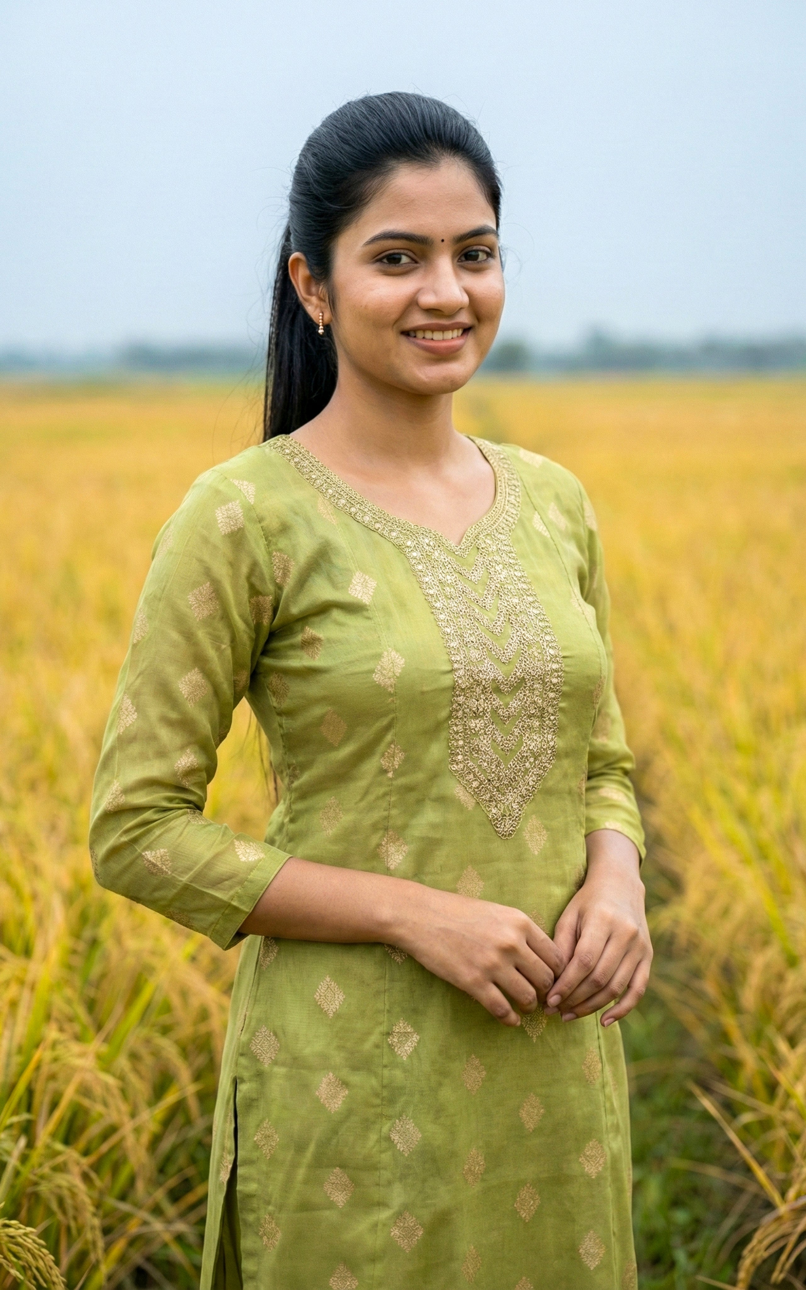 Instore - Pista Green Art Silk Sequin Embroidery Aline Kurti with Side Slit and Butter Crepe Lining