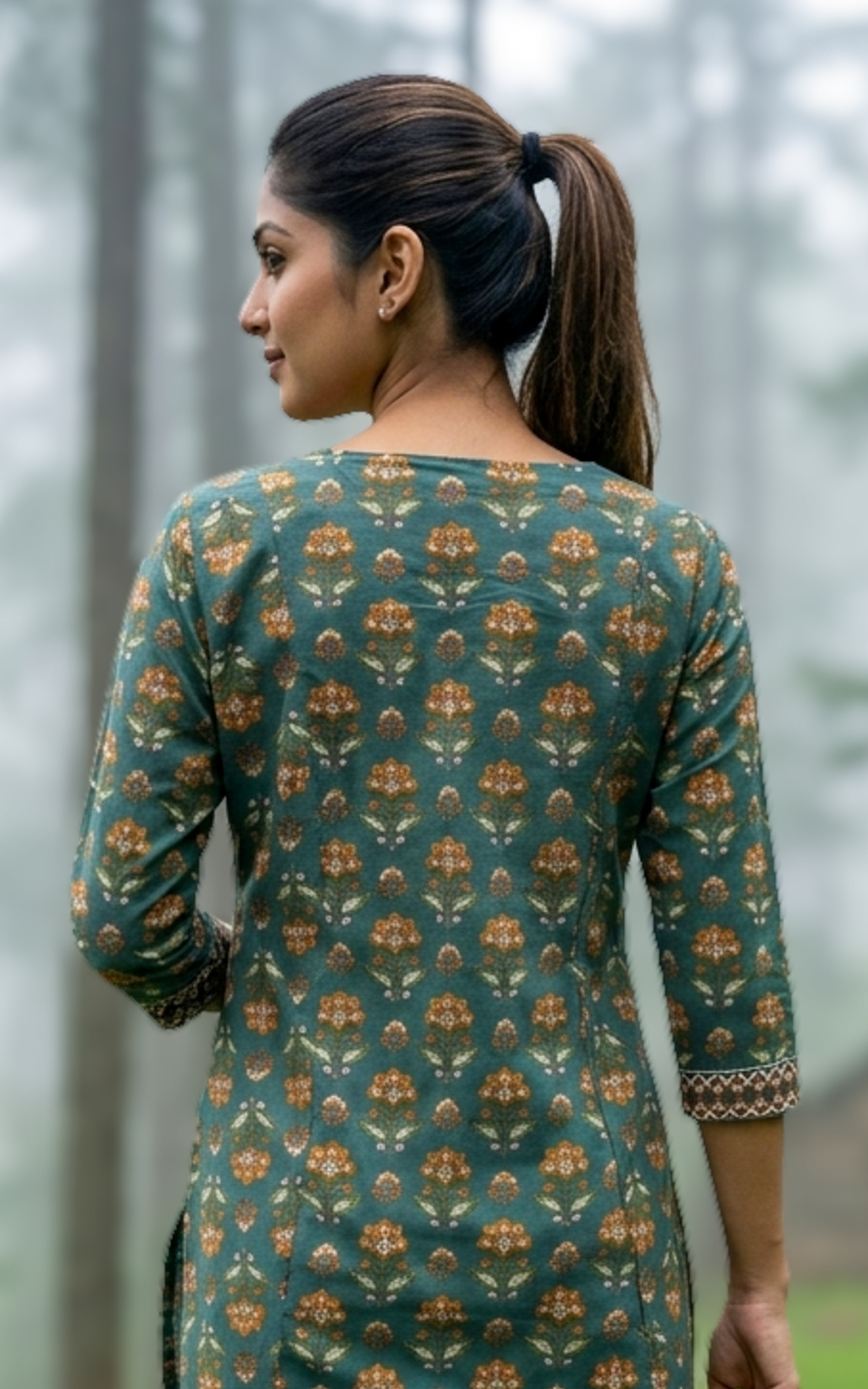 Instore - Green Printed Cotton Straight Cut Kurti with Side Slit, Straight Pant with Side Pocket & Cotton Dupatta, No Lining