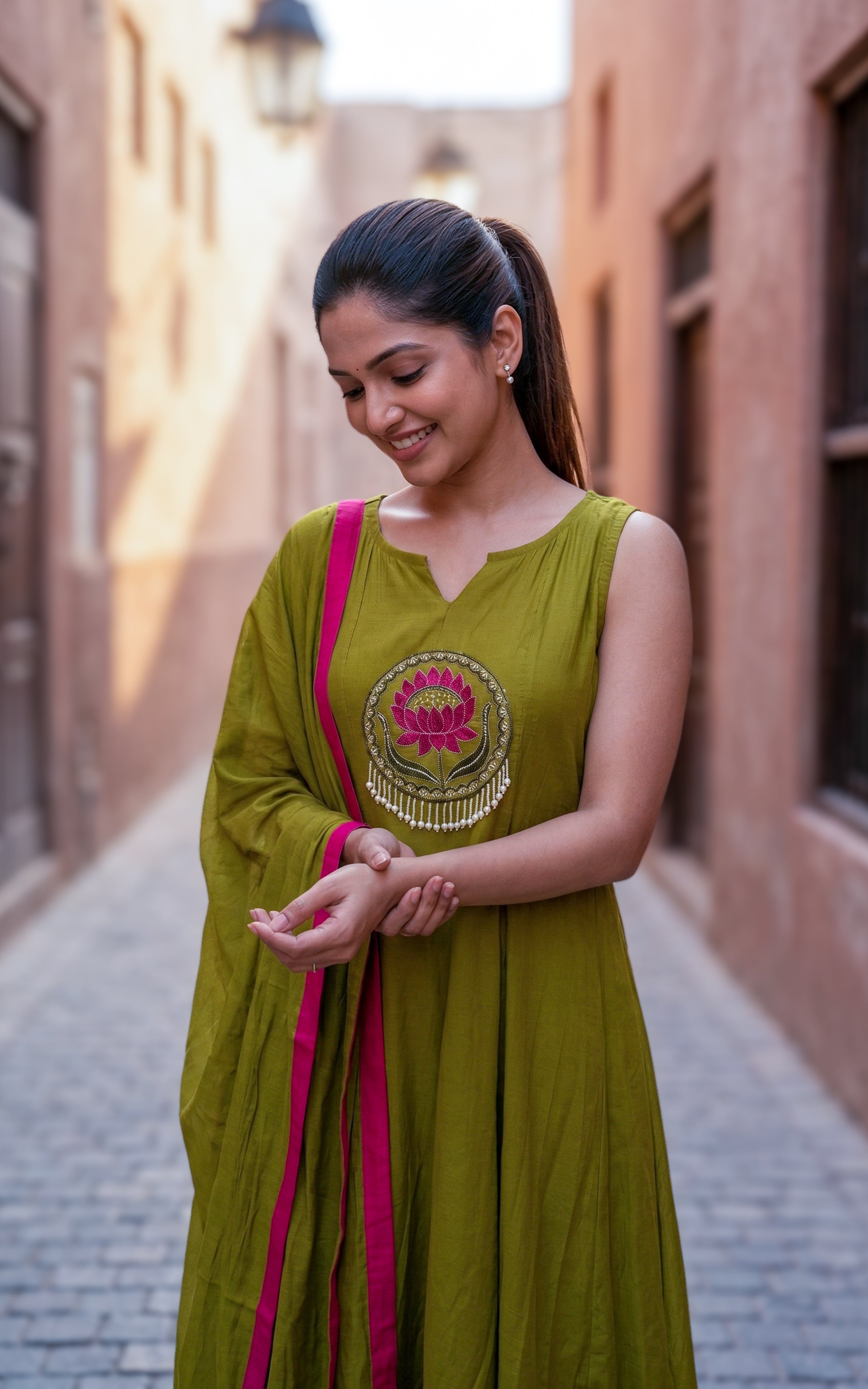 Instore – Mehandi Green Ilavenil Kurti Pant Dupatta Set for Women – Art Silk – Festive Ethnic Wear