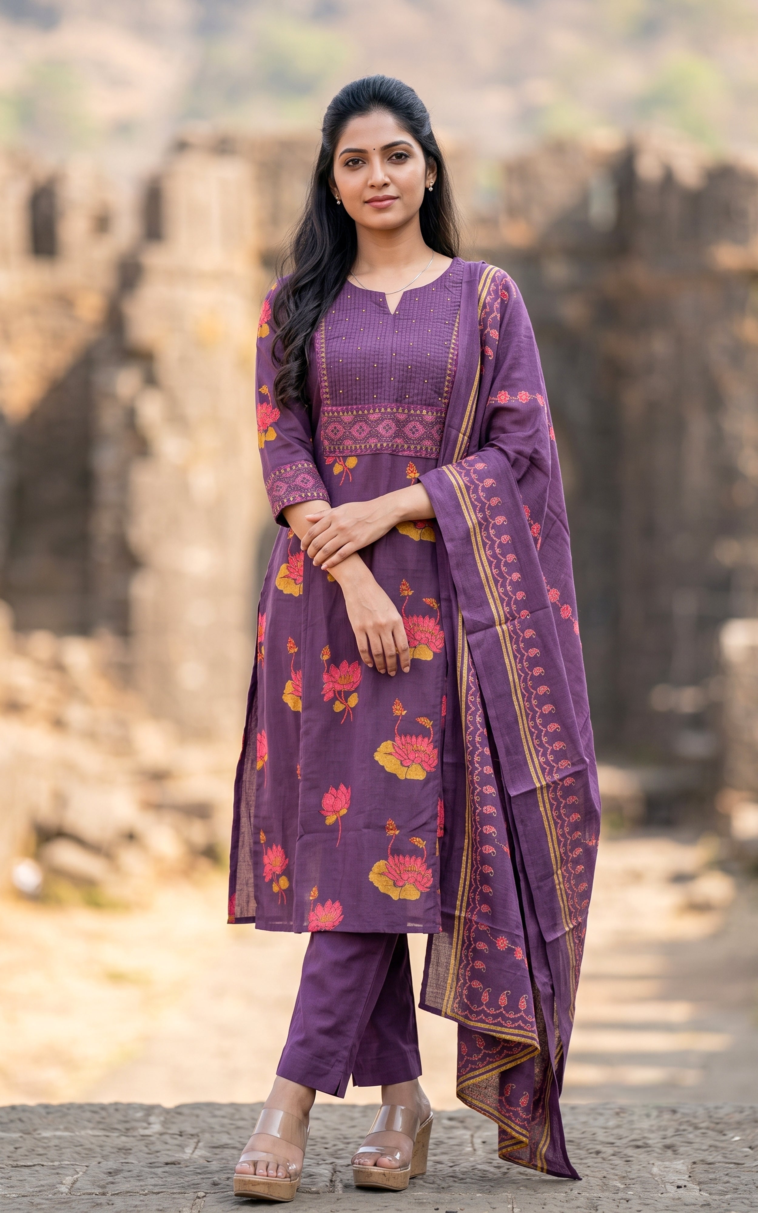 Purple Printed Cotton Daily Wear Kurti Set for Women