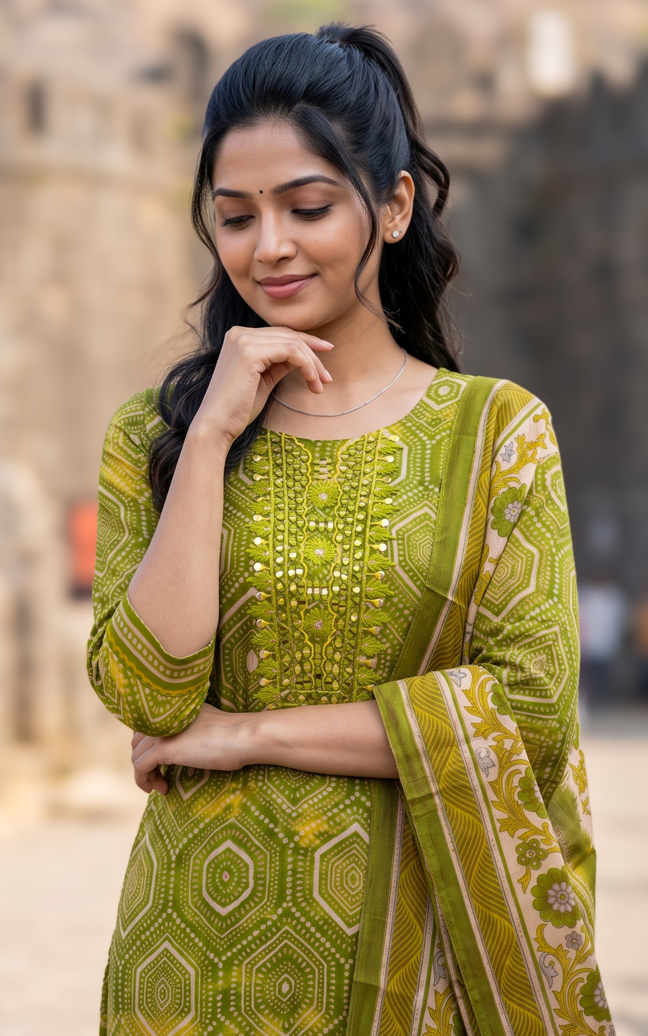 Green Art Silk Office Wear Kurti Set with Dupatta for Women