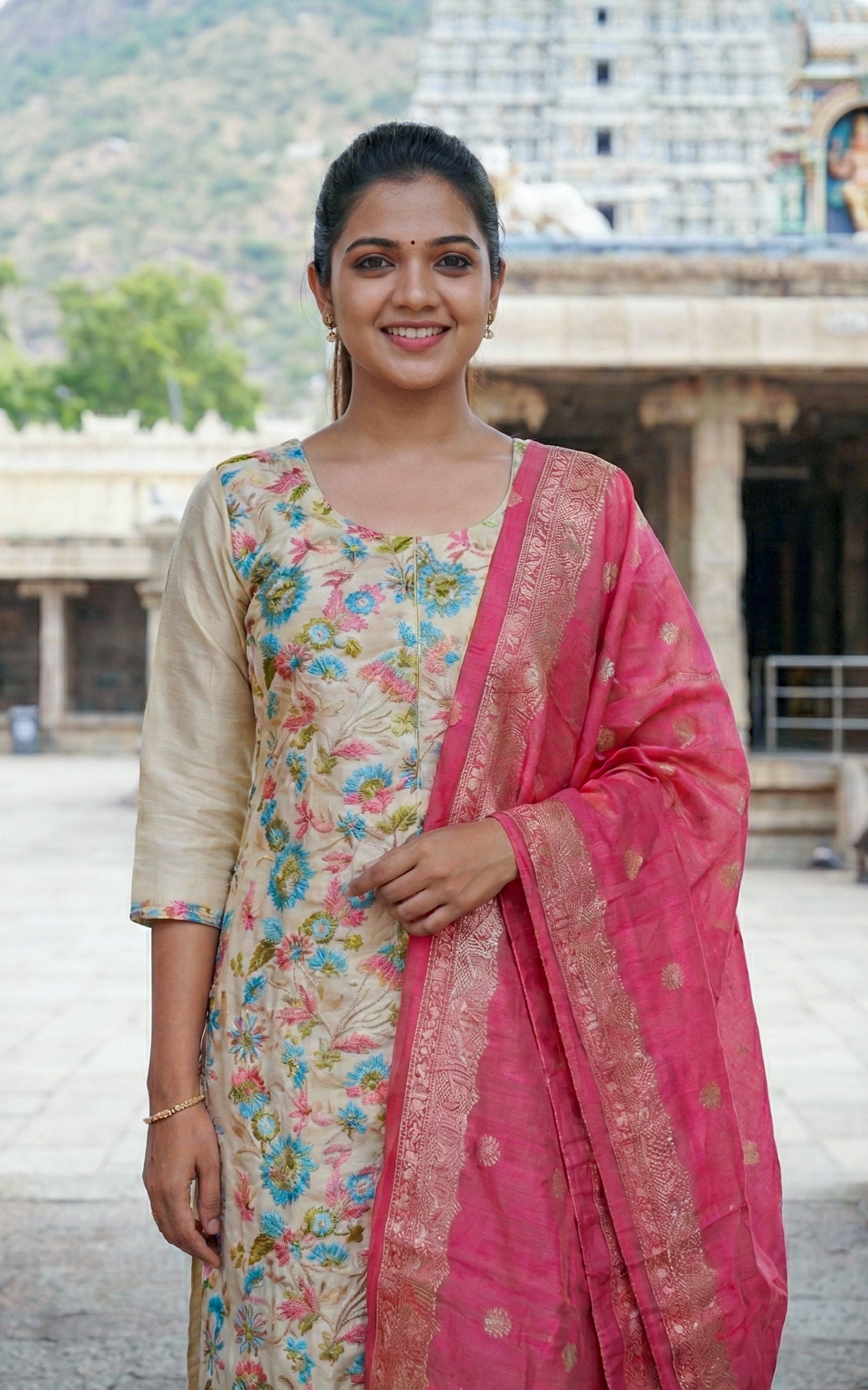 Instore - Beige Color Chanderi Silk Straight Cut Kurti with Side Slit & Floral Embroidery and Contrast Zari Dupatta
