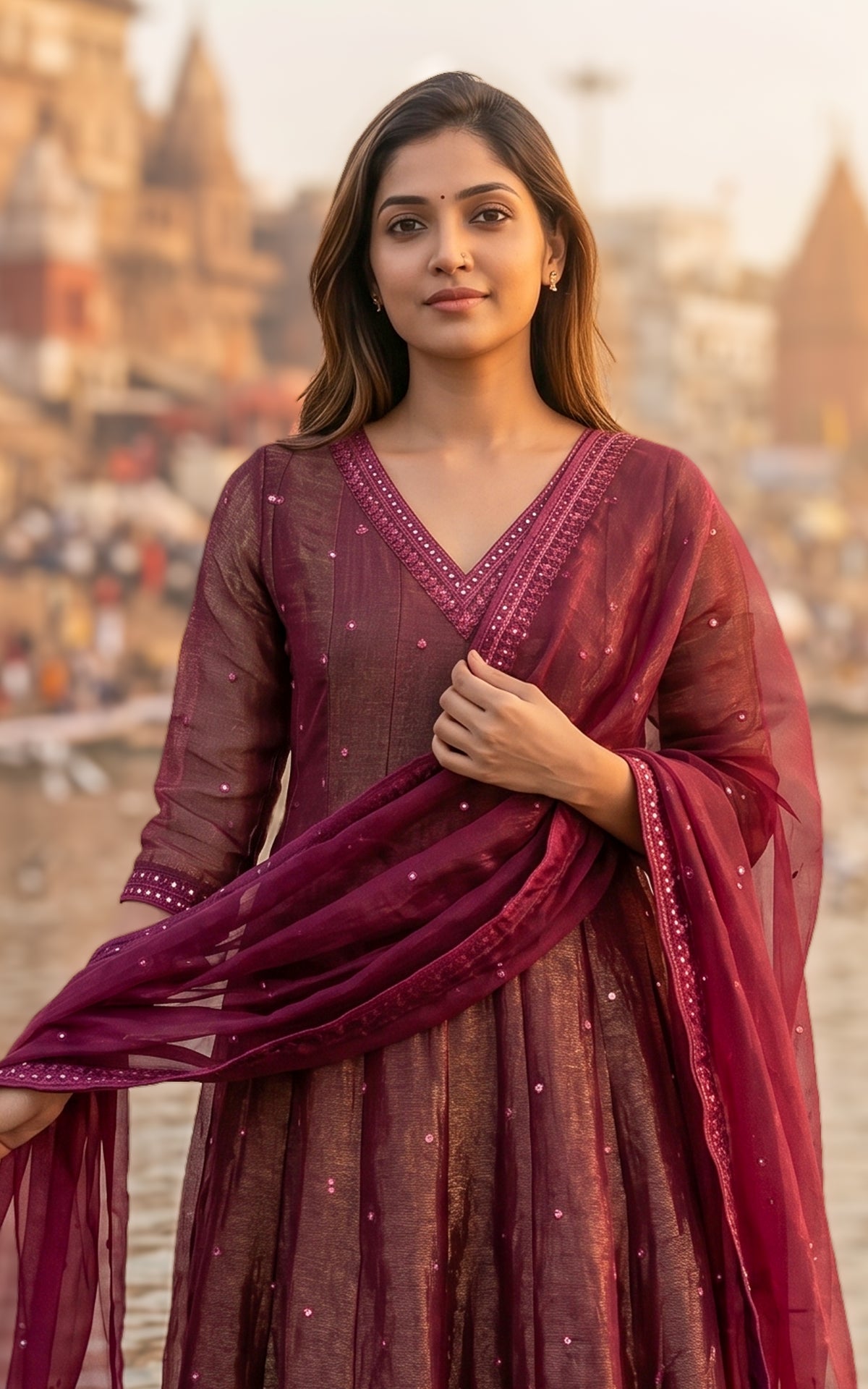 Instore – Burgundy Mellinam Anarkali Kurti with Dupatta for Women – Crushed Tissue Silk – Sequin Embroidery – Festive Ethnic Wear