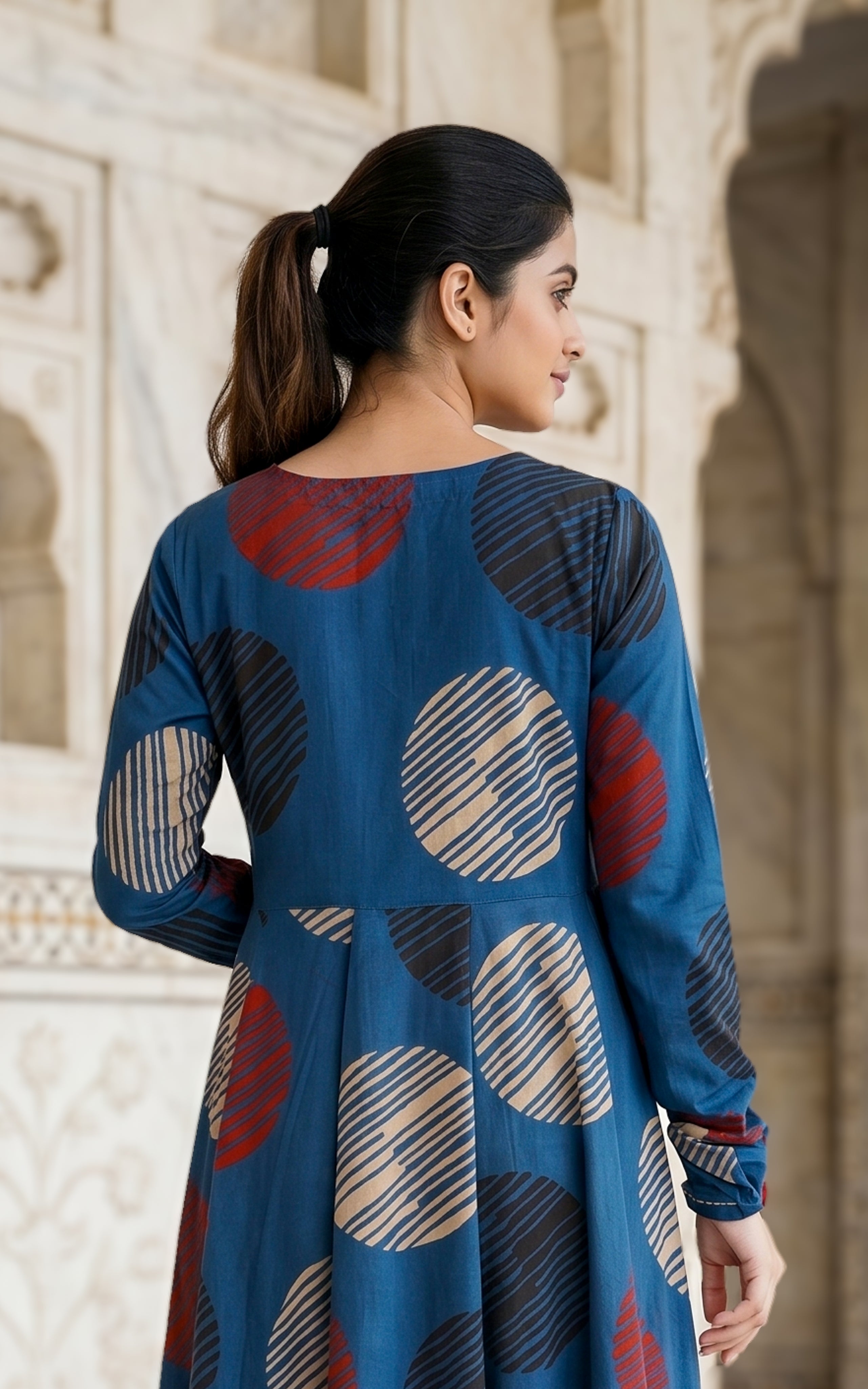 Instore - Blue Color Printed Cotton Flared Anarkali Kurti with Line Embroidery & Sweetheart Neck with Gathered Sleeve
