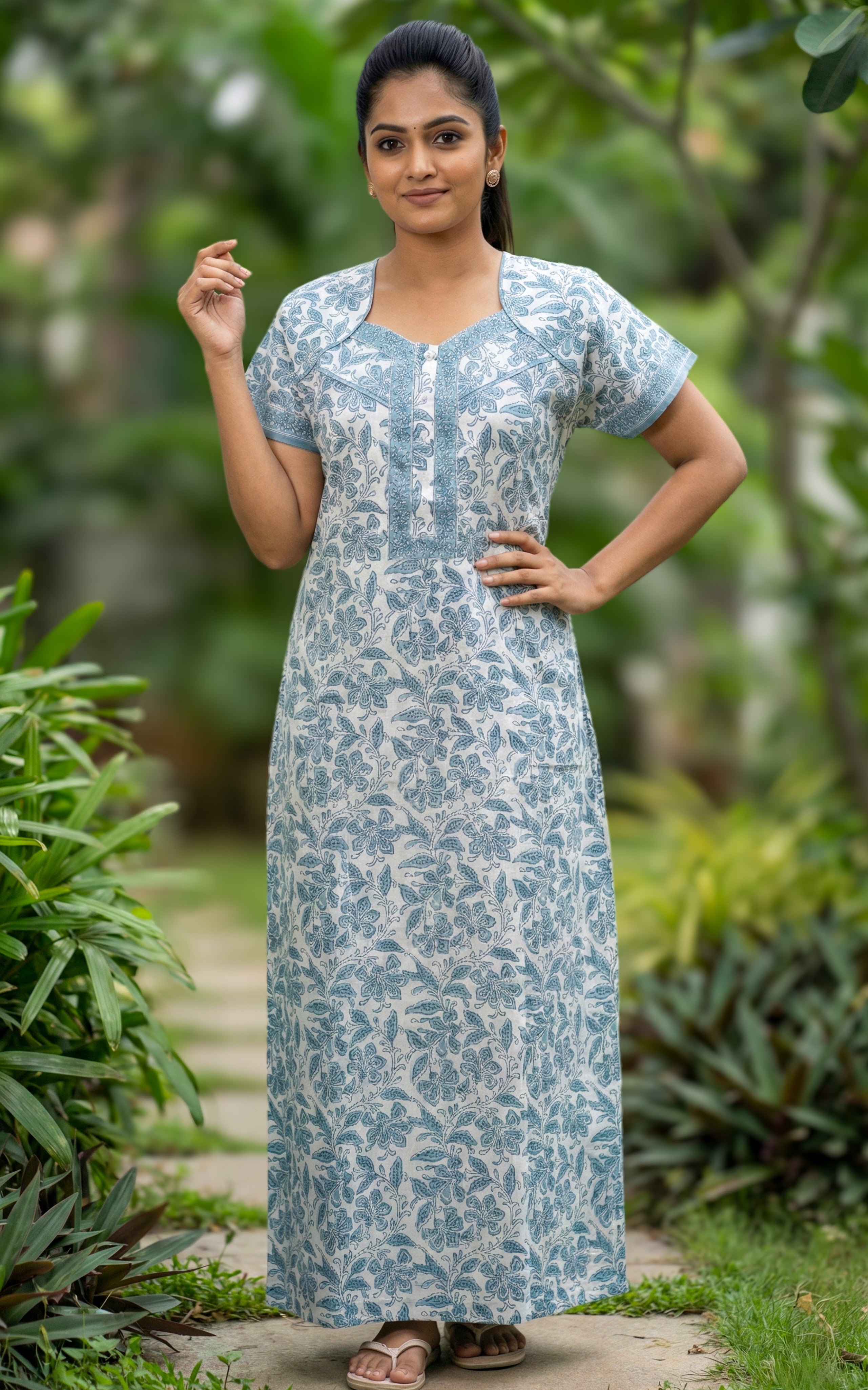 Instore – Navy Blue Cotton Long Nighty, Floral Print, Round Neck with Contrast Yoke Panel, A-line Fit, Women's Sleepwear