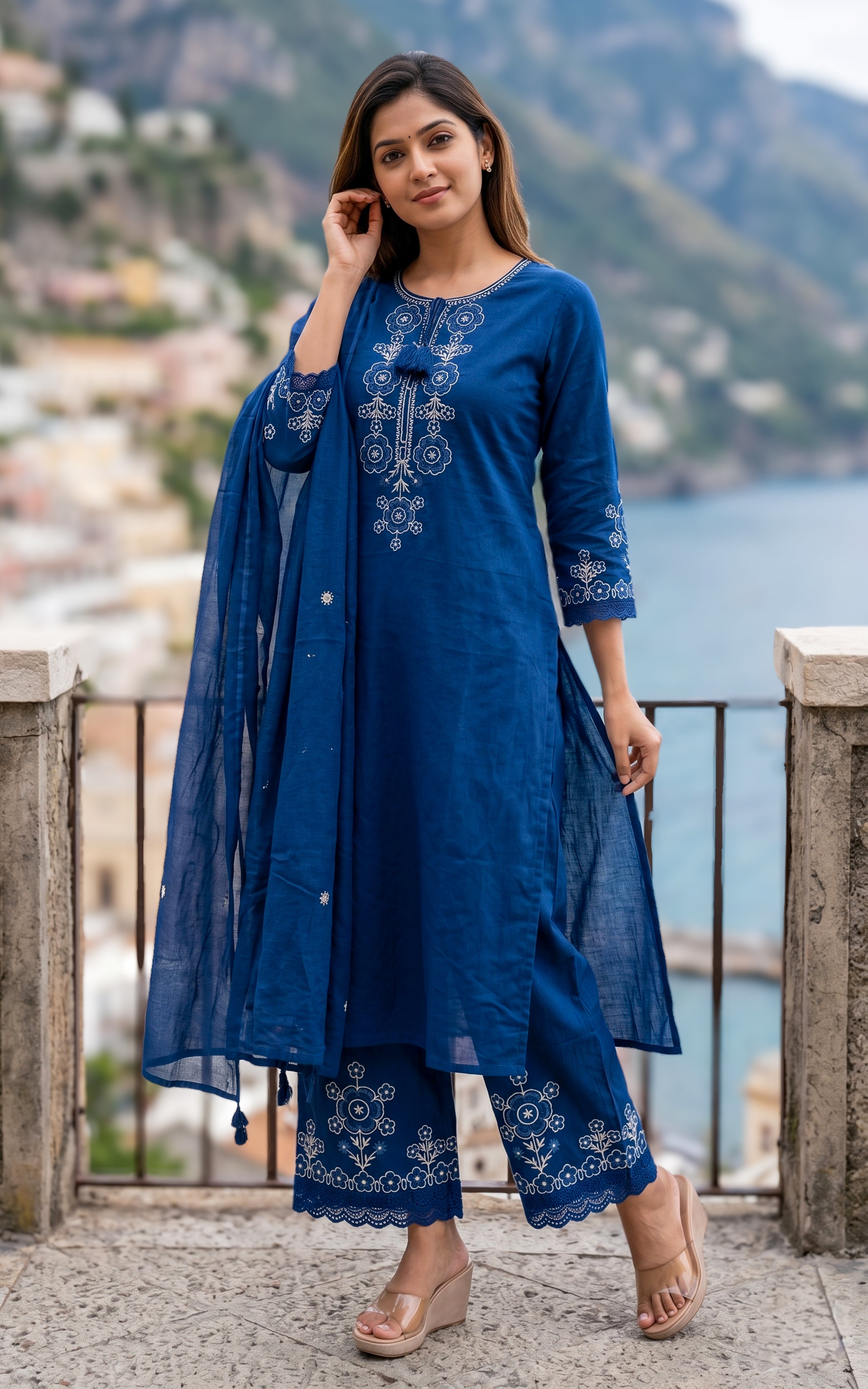 Blue cotton kurti set for women
