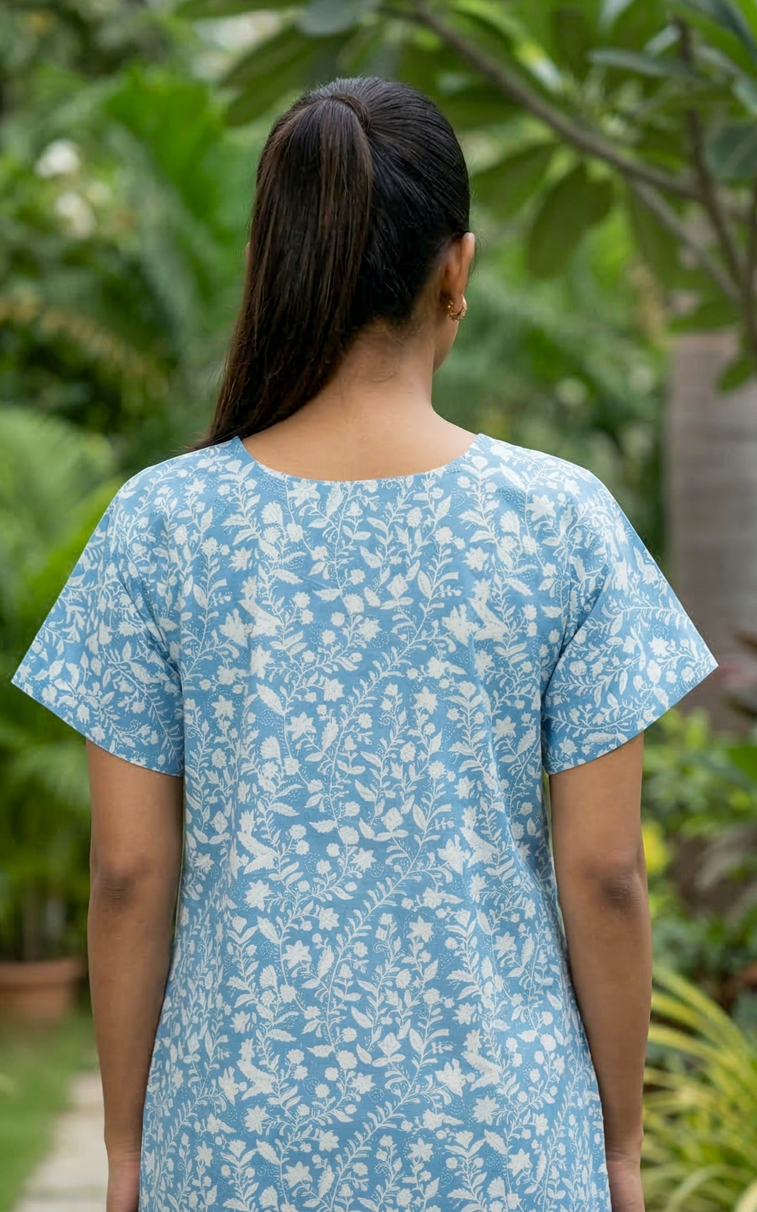 Instore – Sky Blue Cotton Long Nighty, Floral Print with Printed Yoke Panel, Round Neck, Relaxed Fit, Women's Sleepwear