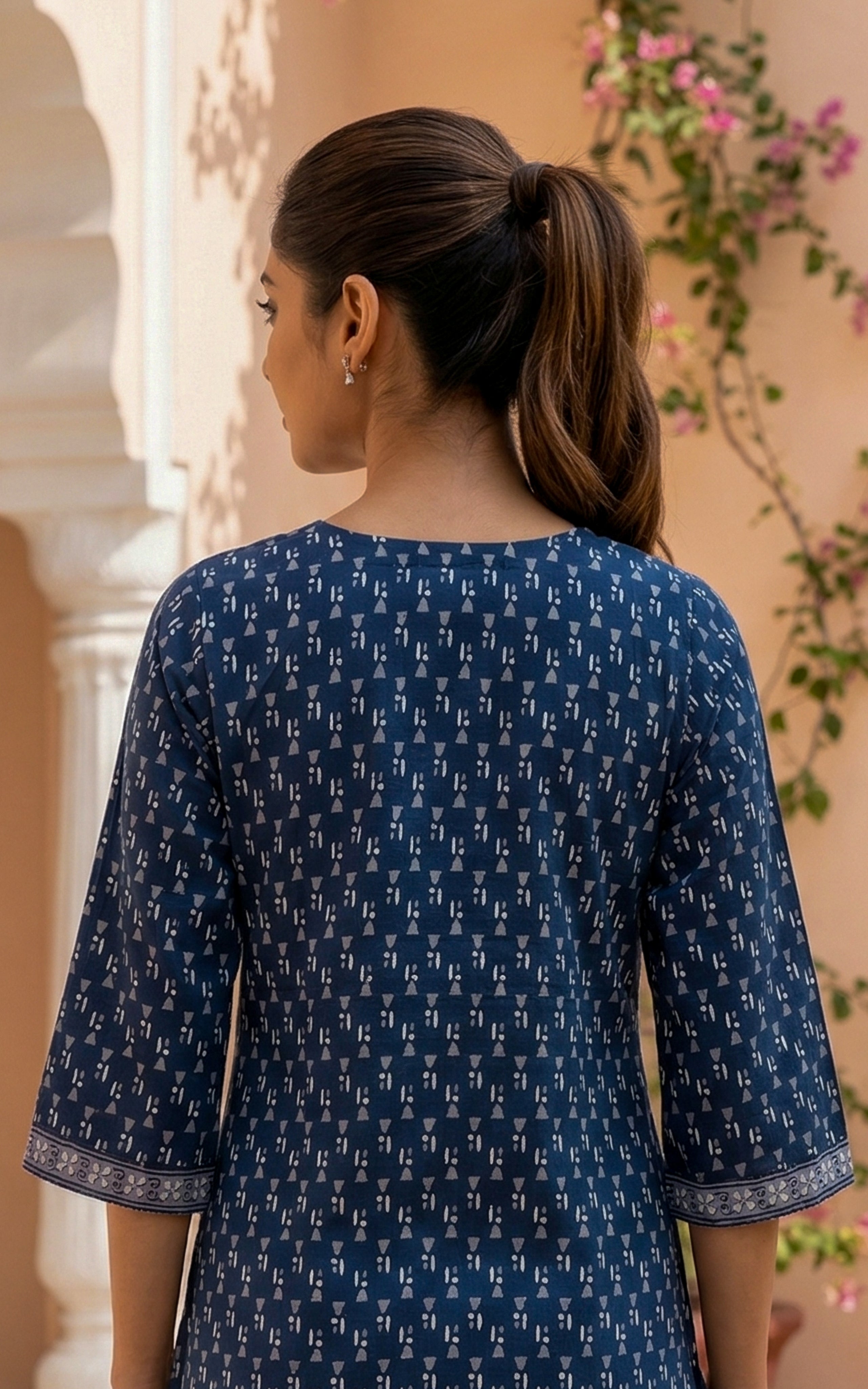 Instore - Navy Blue Color Cotton Printed Aline Kurti with Bell Sleeves and One Side Pocket, No Lining