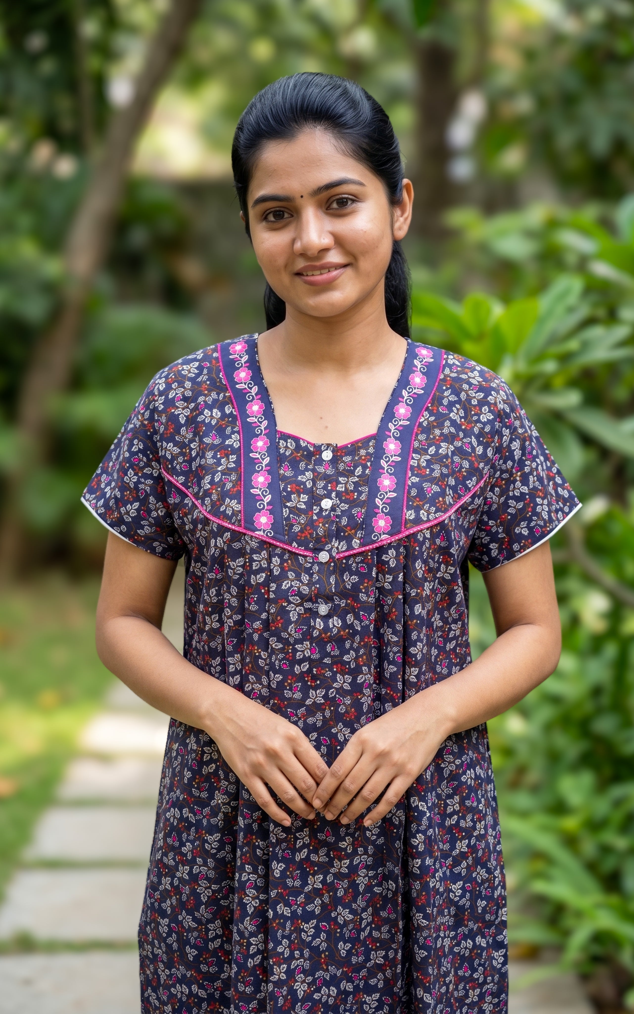 Instore - Navy Blue Small Floral Print Cotton Long Nighty with Embroidery Yoke, Side Pocket, Relaxed Fit, Women's Sleepwear