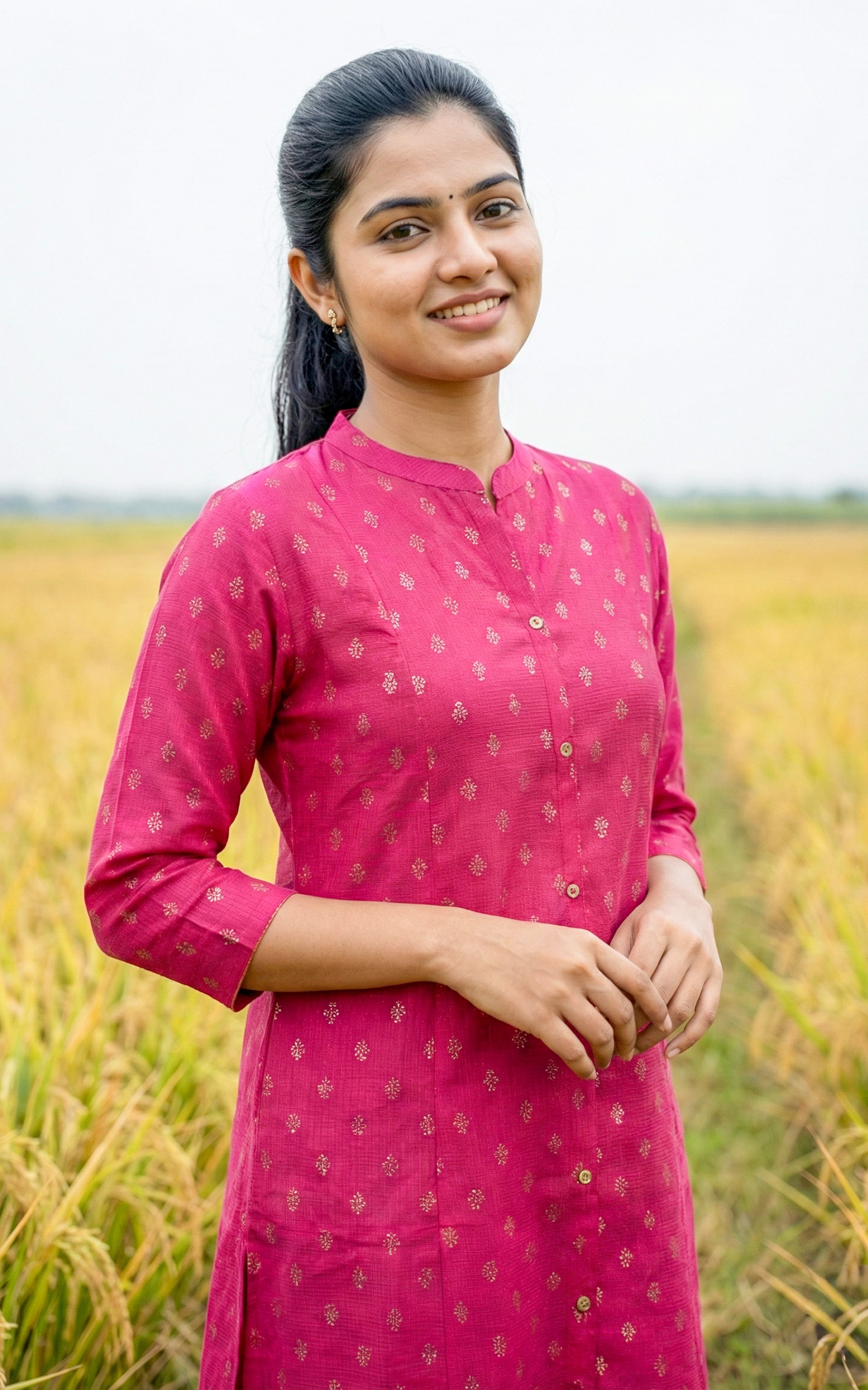 Instore - Pink Semi Silk Aline Kurti with Side Slit and Front Slit with Quarter-Sleeve and No Lining