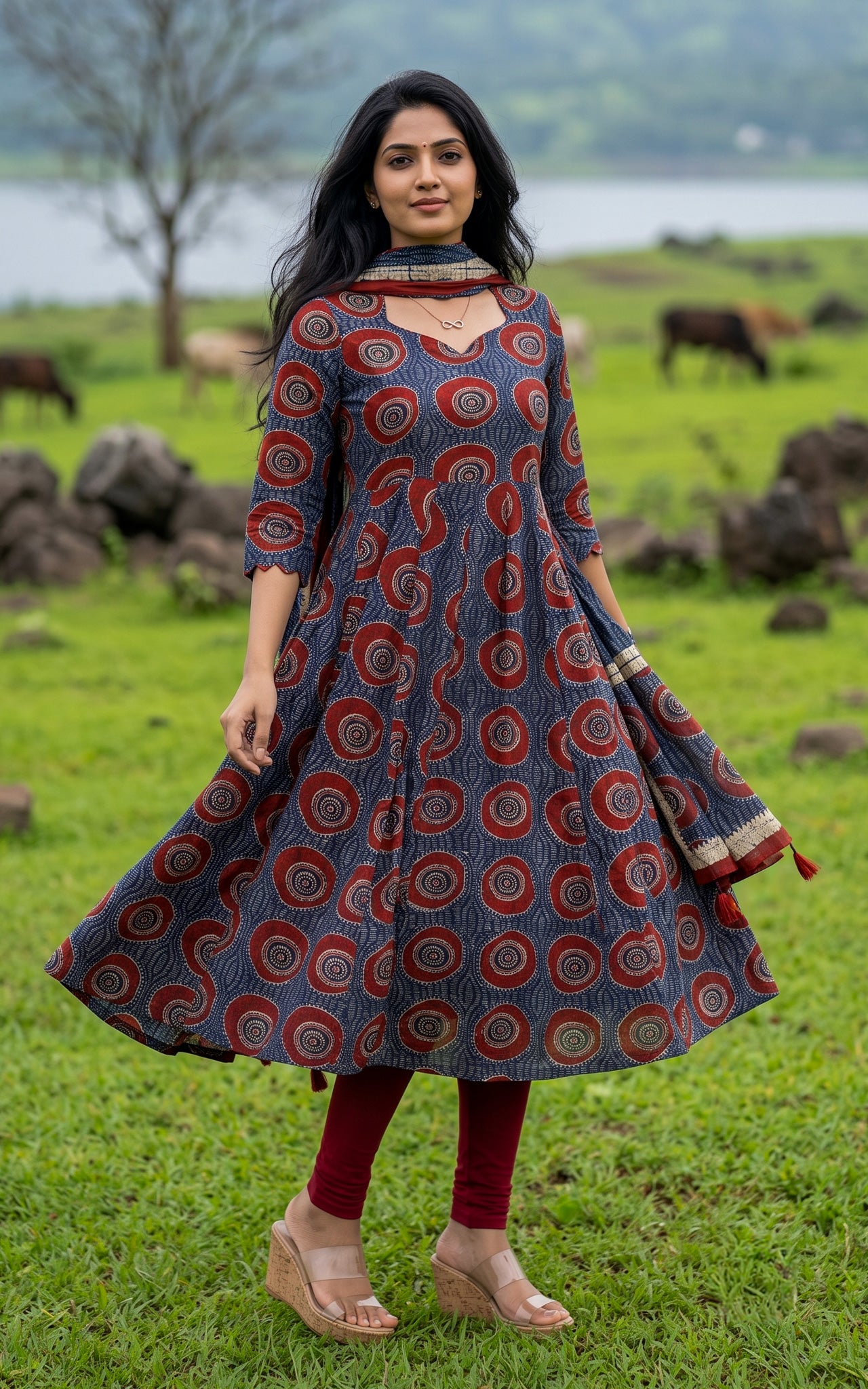 Blue Cotton Full Flared Anarkali Kurti Dupatta for Women