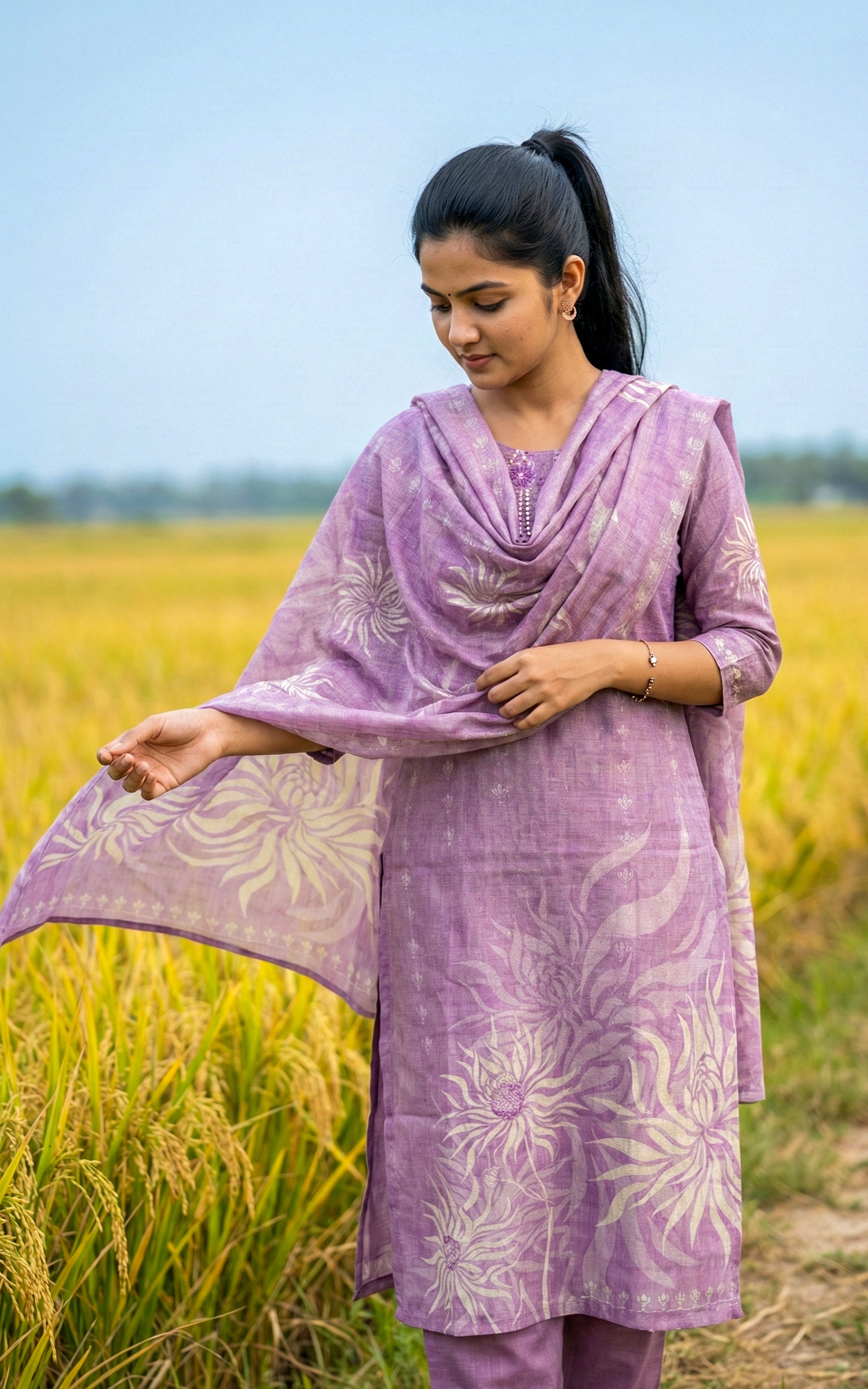 Instore - Soft Lavendar Art Silk Straight Cut Kurti with Embroidery & Pant with One Side Pocket & Art Silk Dupatta