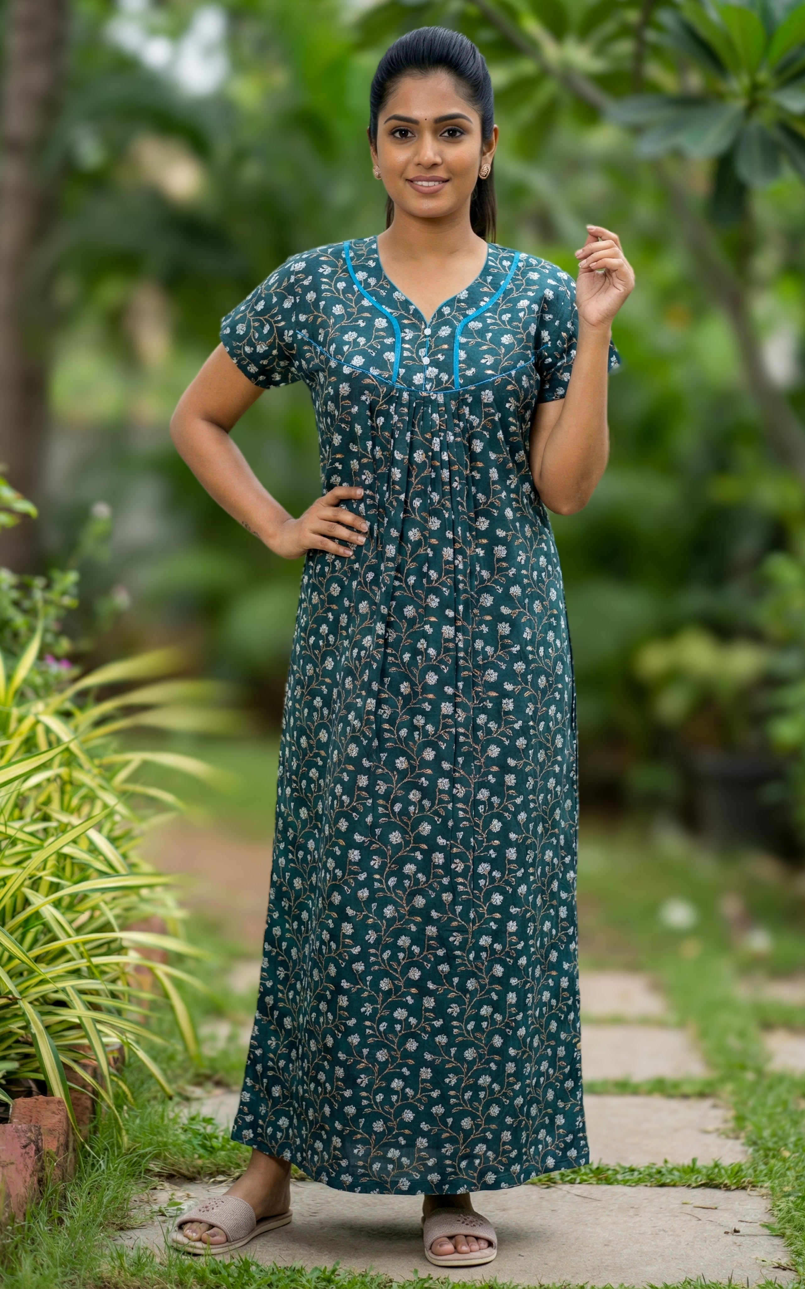 Instore – Teal Cotton Long Nighty, All-Over Beige Floral Design, Round Neck with Blue Contrast Piping & Button Placket, Relaxed Fit, Women's Sleepwear