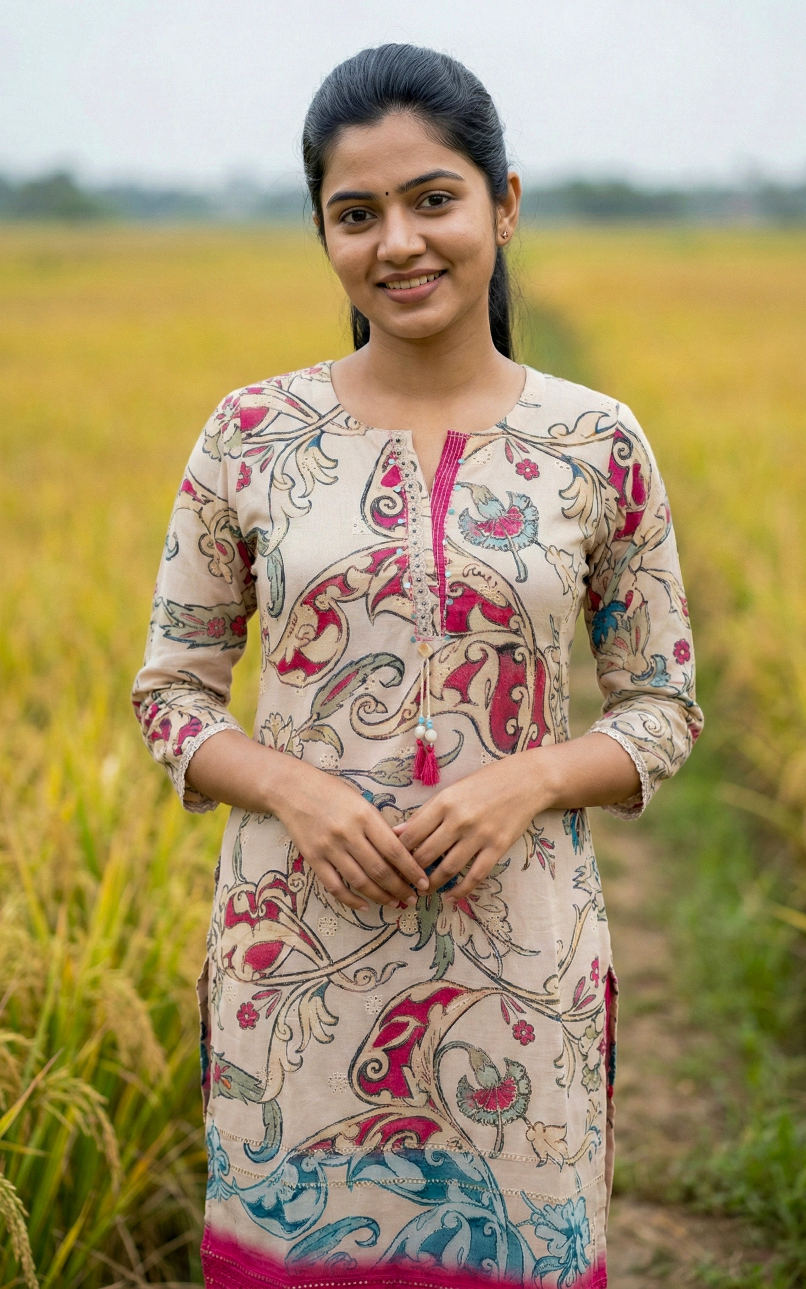 Instore - Beige Cotton Straight Cut Kurti with Featuring Side Slit Crochet Lace Detailing with Cotton Lining