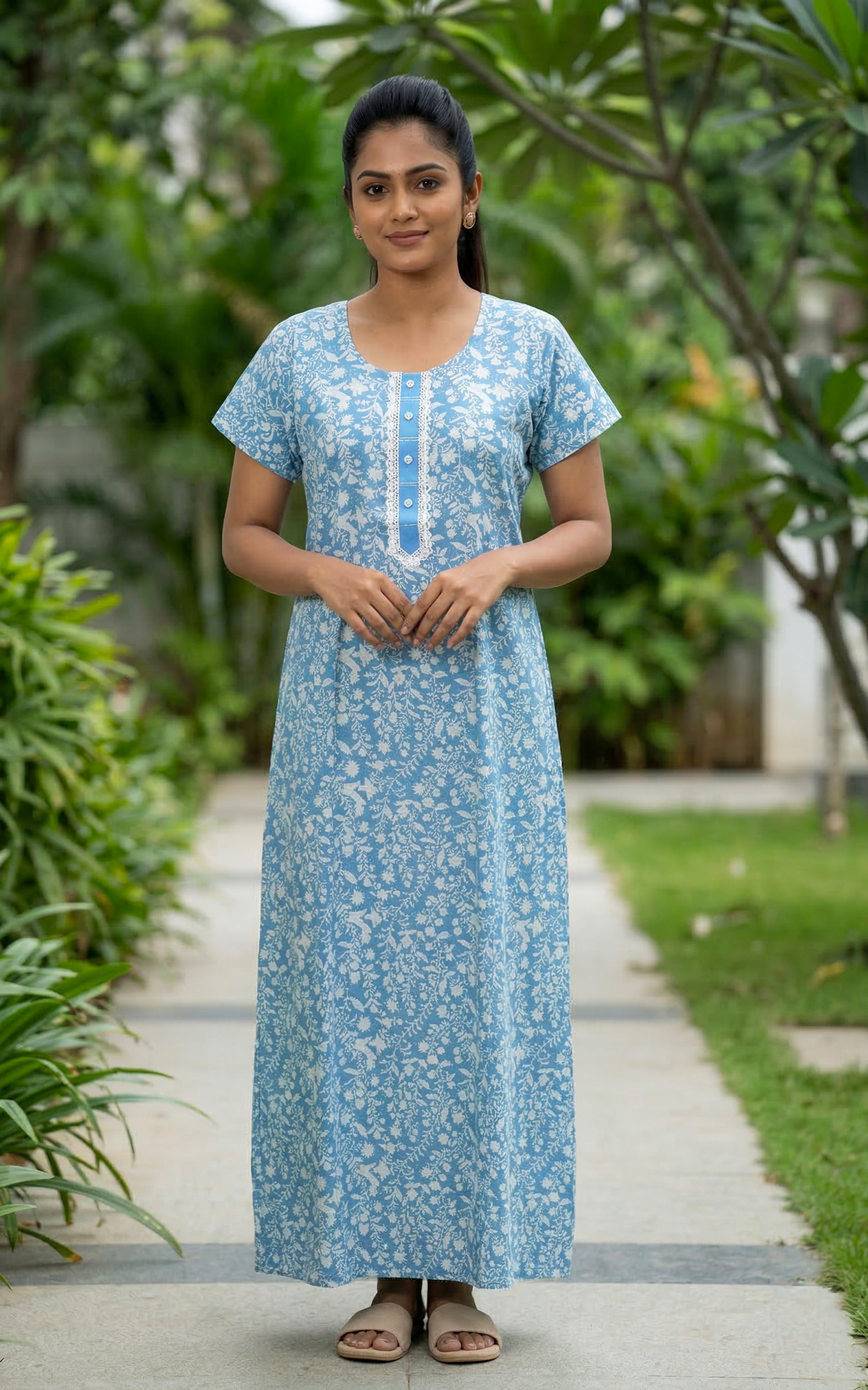 Instore – Sky Blue Cotton Long Nighty, Floral Print with Printed Yoke Panel, Round Neck, Relaxed Fit, Women's Sleepwear