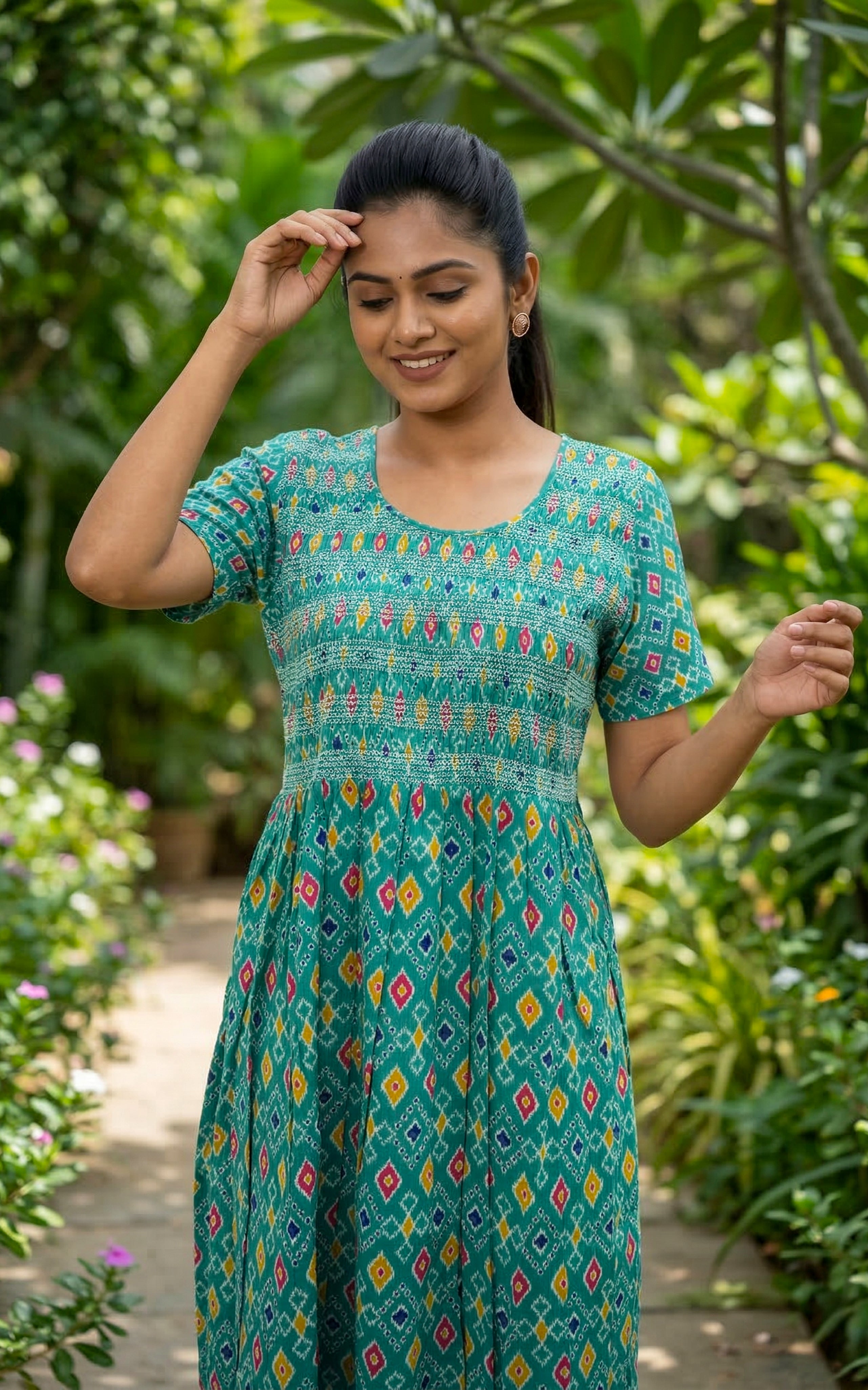 Instore – Aqua Green Cotton Long Nighty, Smocked Body with Printed Yoke Panel, Round Neck, Relaxed Fit, Women's Sleepwear