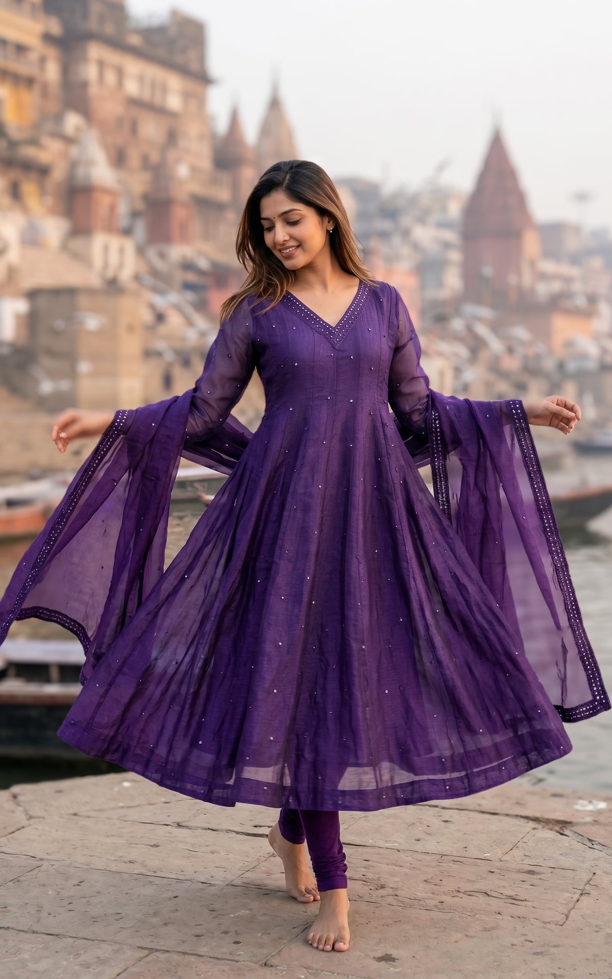 Instore – Dark Purple Mellinam Anarkali Kurti with Dupatta for Women – Crushed Tissue Silk – Sequin Embroidery – Festive Ethnic Wear