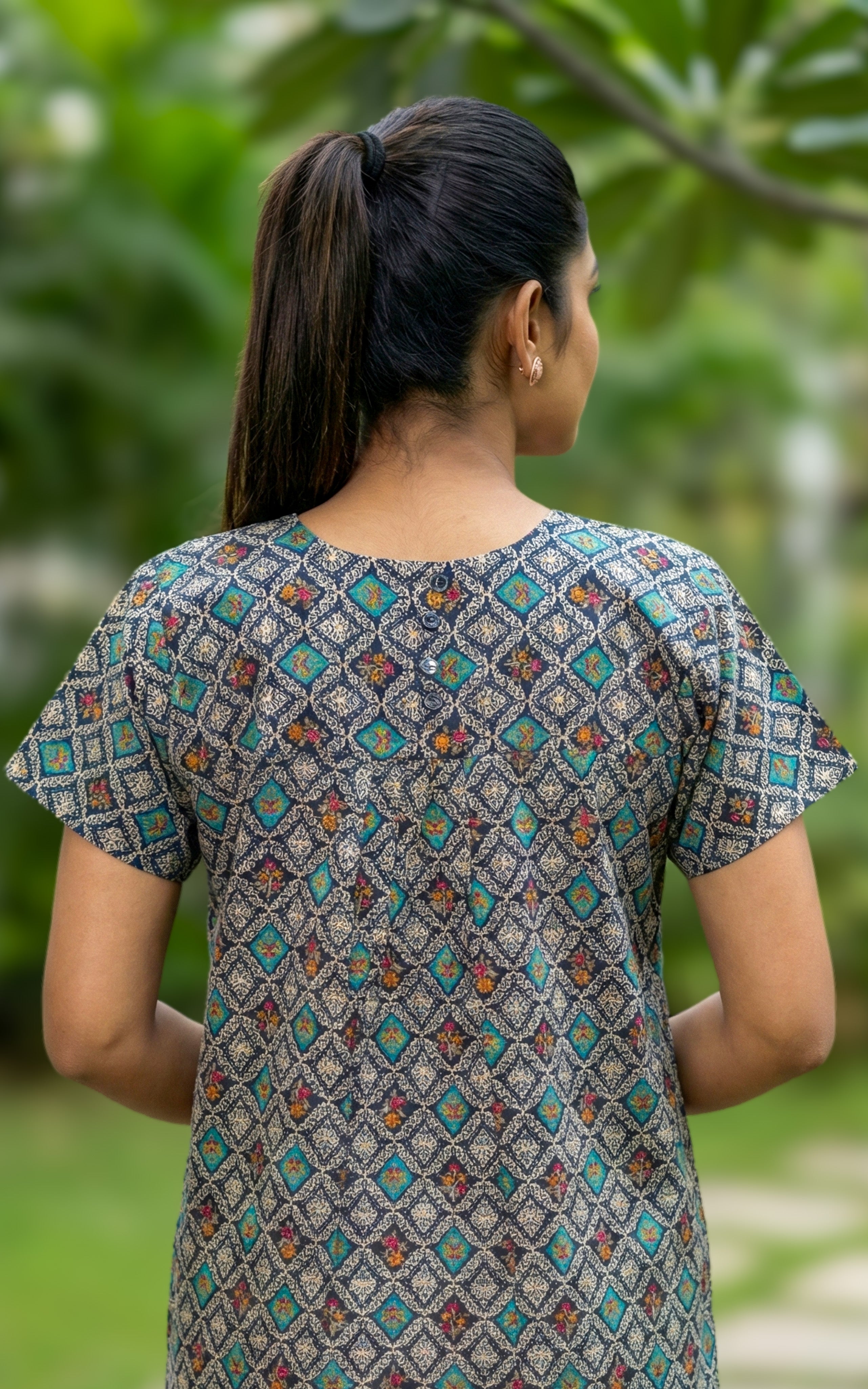 Instore – Grey Multicolor Cotton Long Nighty, All-Over Ethnic Geometric Design, Round Neck with Contrast Navy Blue Placket & Button Detailing, Relaxed Fit, Women's Sleepwear