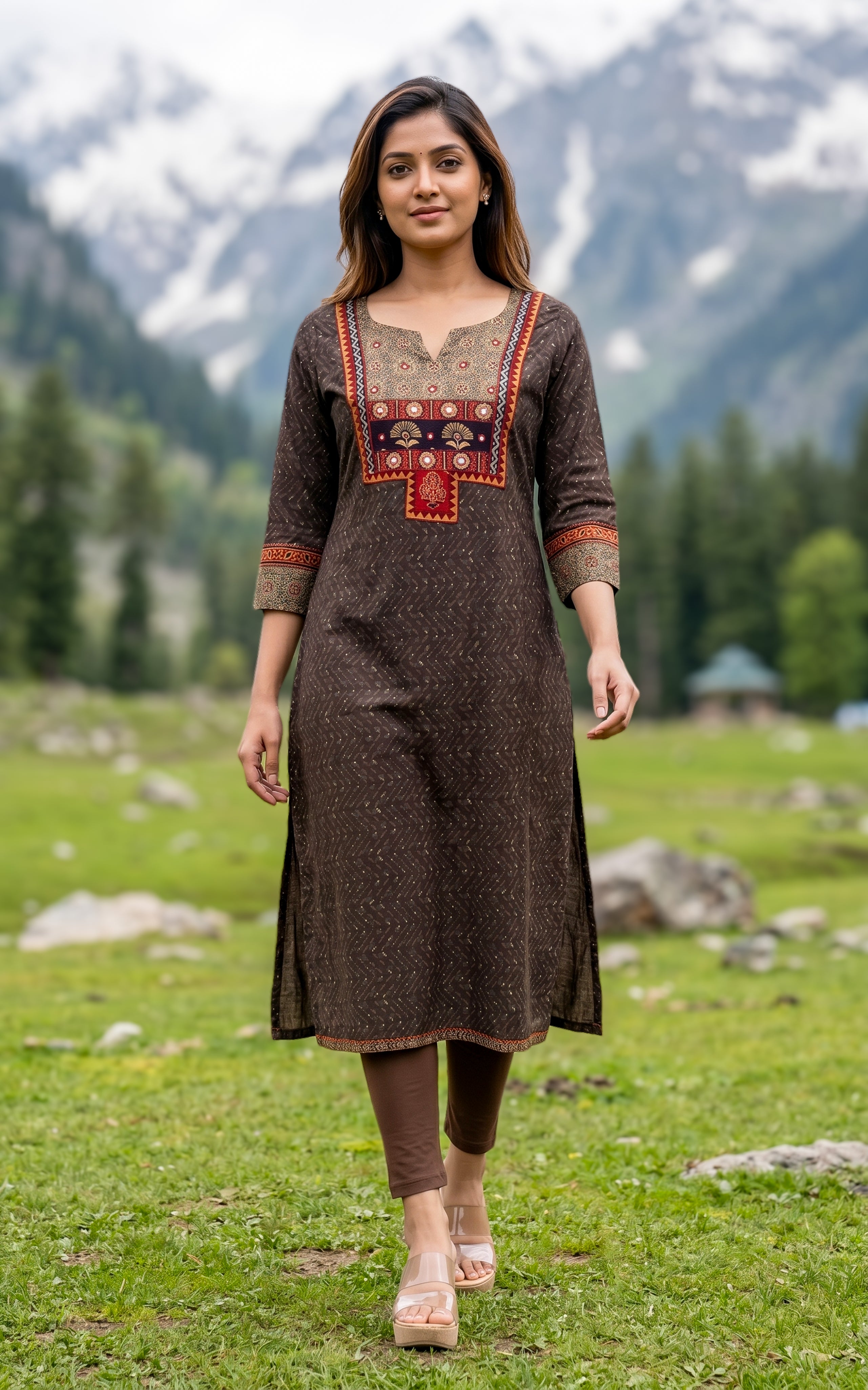 Brown Cotton A Line Kurti For Women