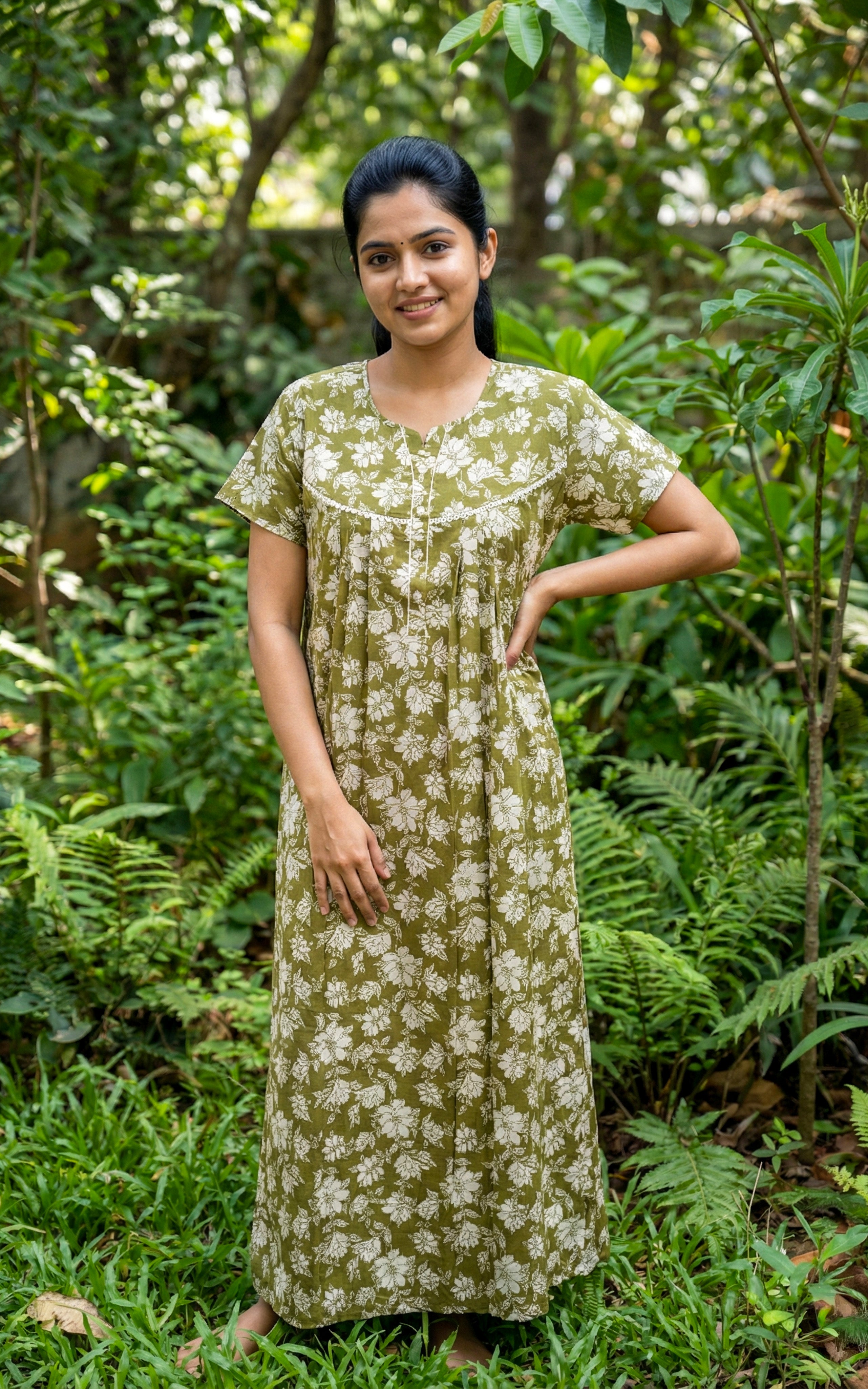 Instore – Olive Green Cotton Long Nighty, All-Over Floral Print, Round Neck with Front Stitch Detailing, Straight Fit, Women's Sleepwear