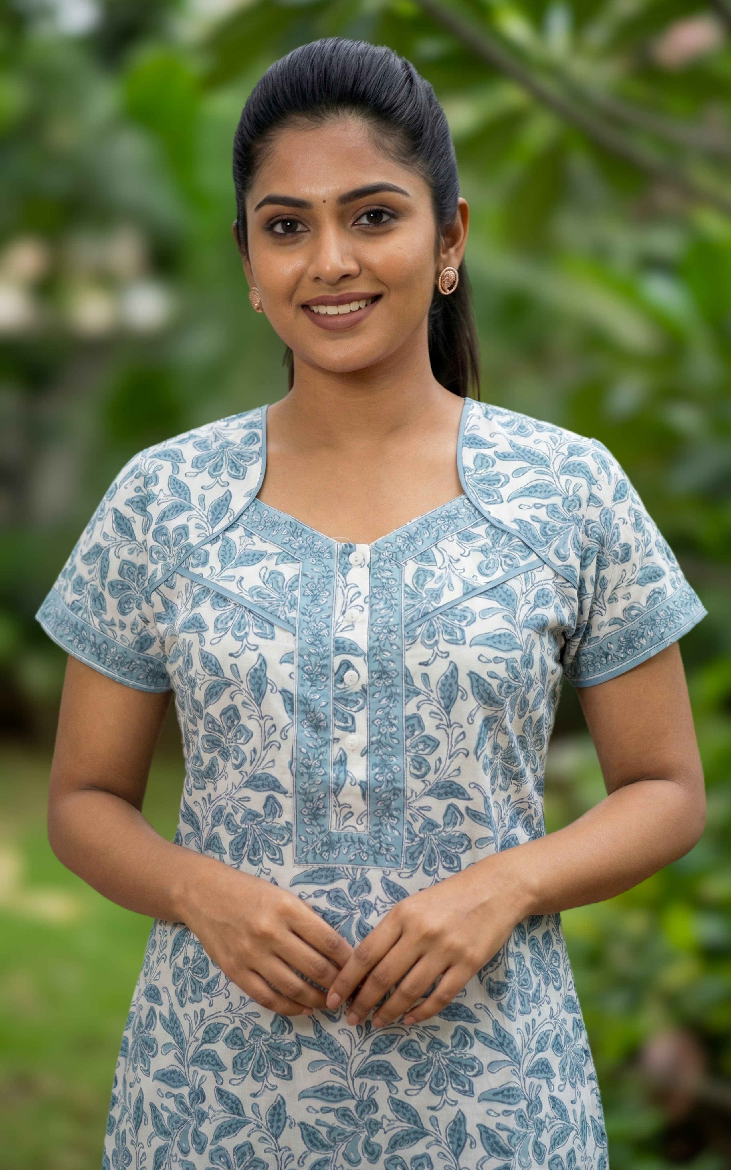 Instore – Navy Blue Cotton Long Nighty, Floral Print, Round Neck with Contrast Yoke Panel, A-line Fit, Women's Sleepwear