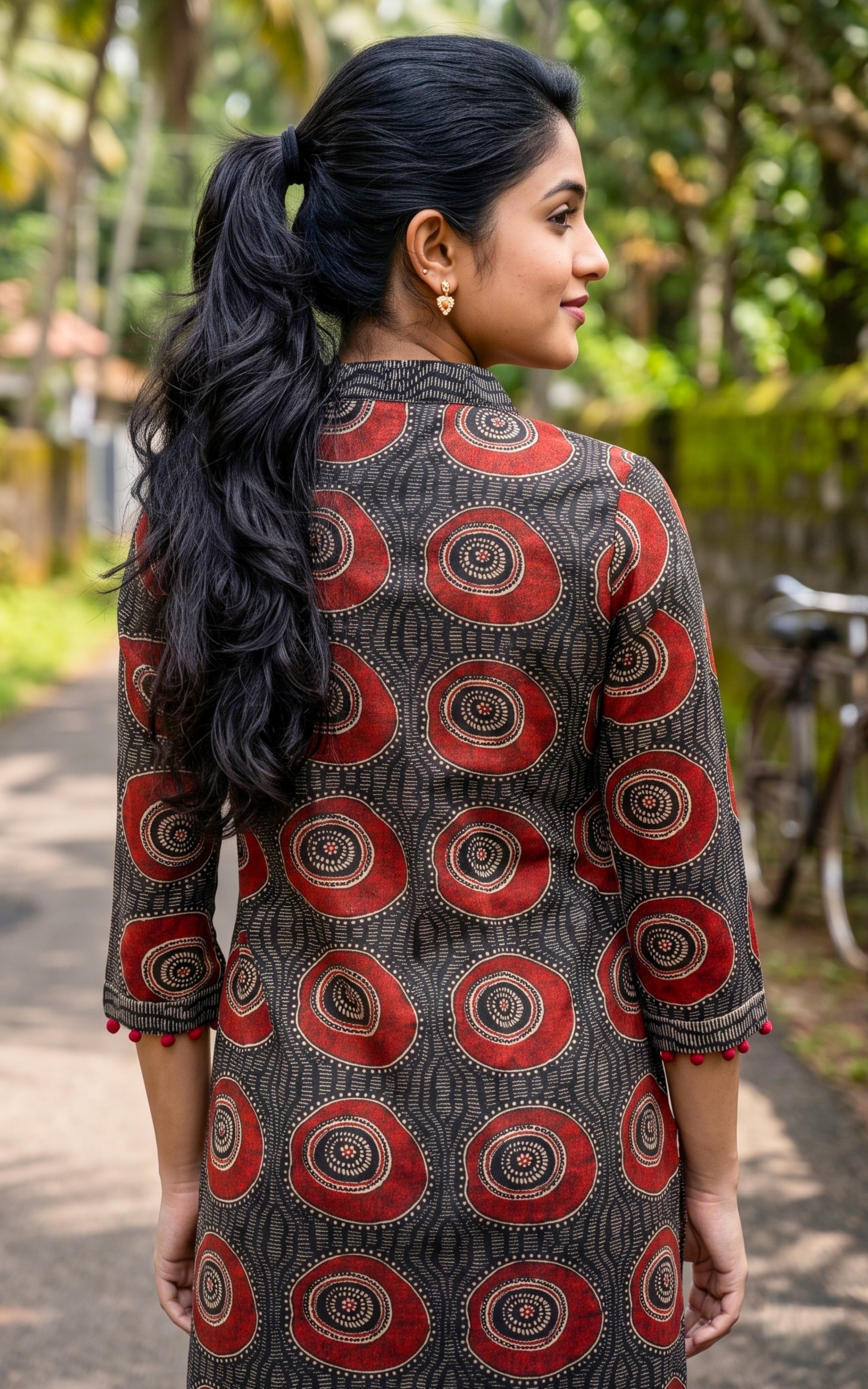 Black Cotton V-Neck Semi Aline Kurti Set with Side Slit for Women