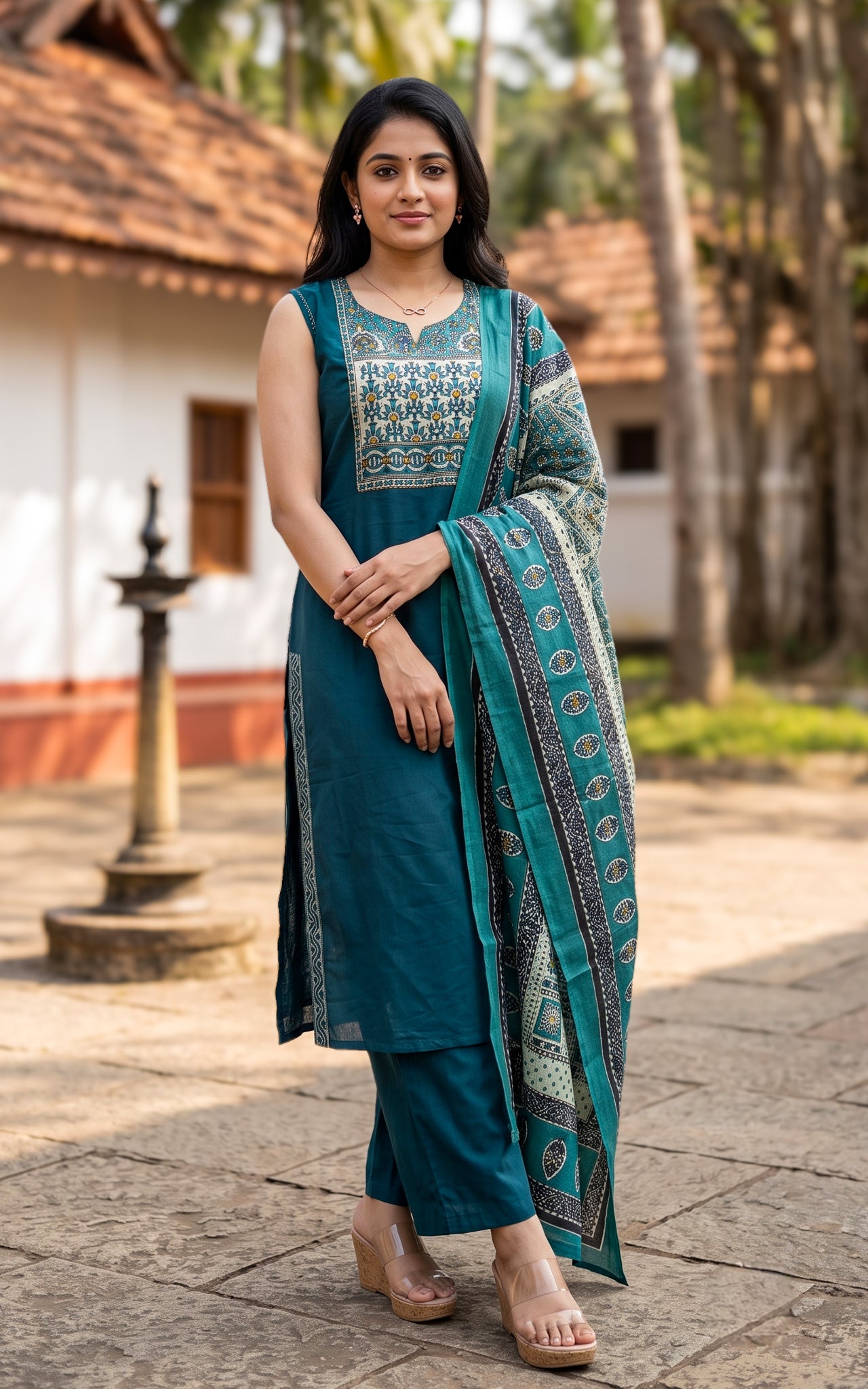 Ranvika Peacock Blue Handblock (Kurti+Pant+Dupatta)