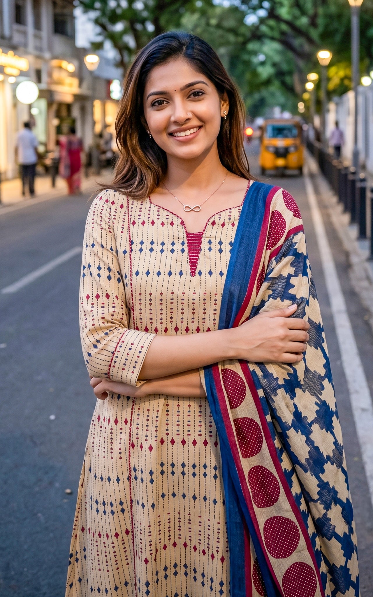 Beige and Blue Cotton Office Wear Kurti Dupatta for Women