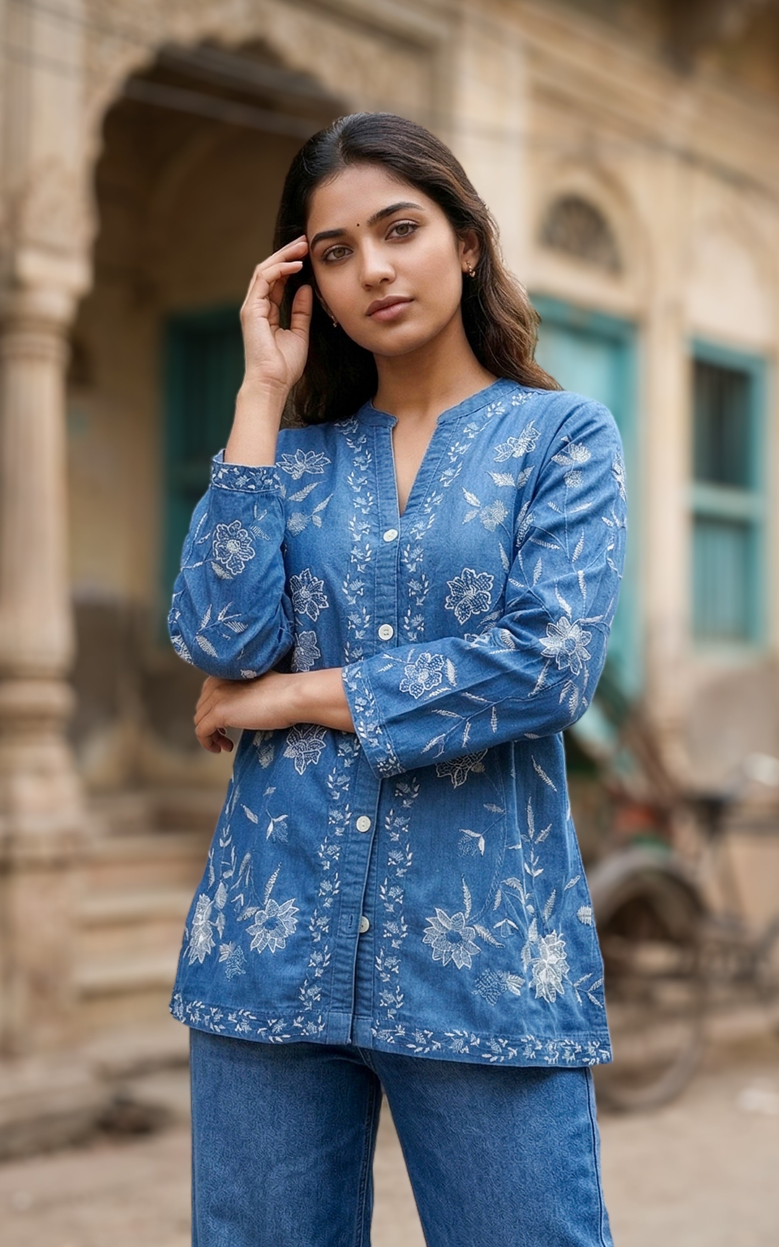 Instore - Blue Color Denim Short Top with Embroidery and Mandarin Collar Featuring Front Open Button