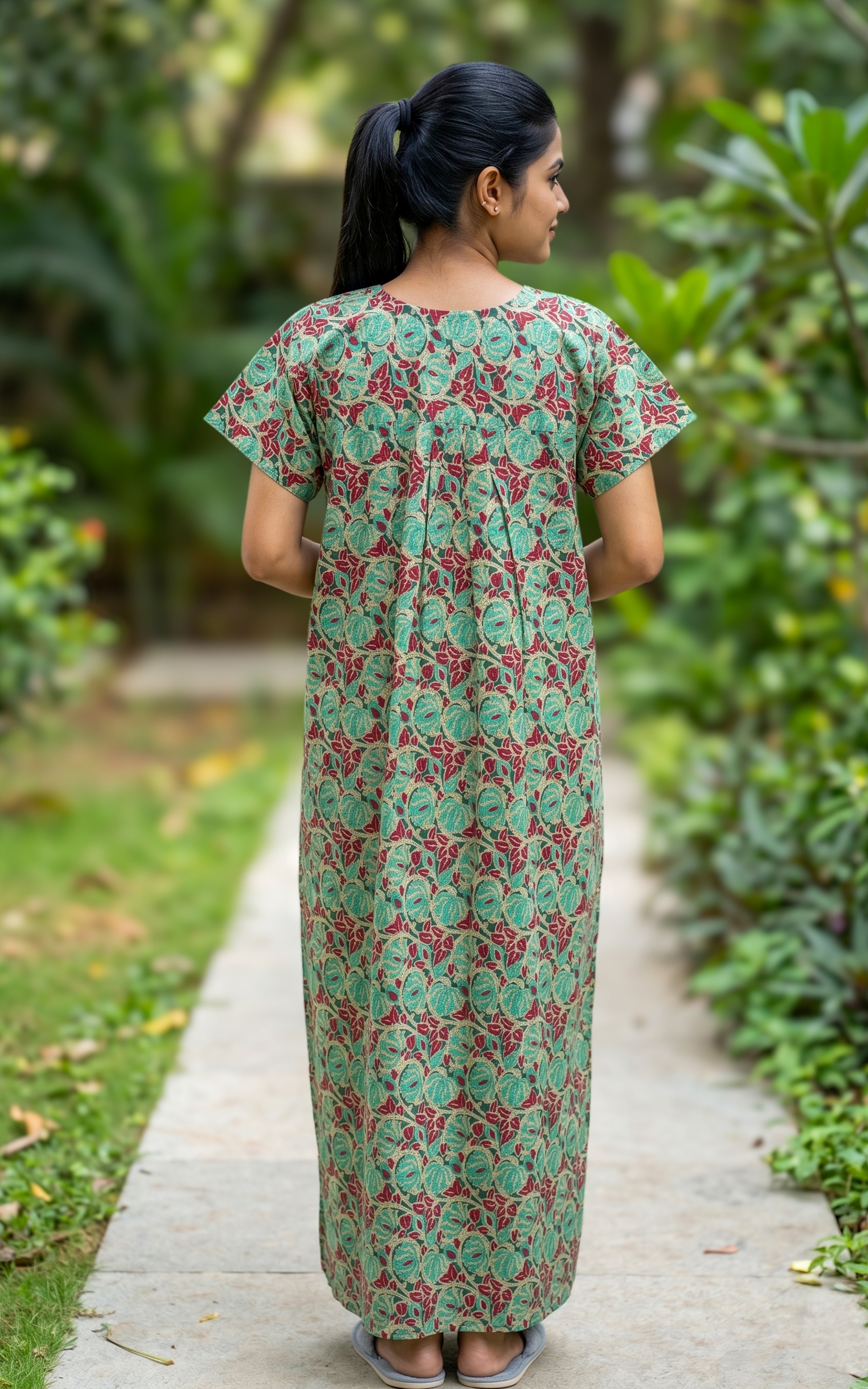 Instore - Green Floral Print Cotton Long Nighty with Embroidery Yoke, Side Pocket, Relaxed Fit, Women's Sleepwear