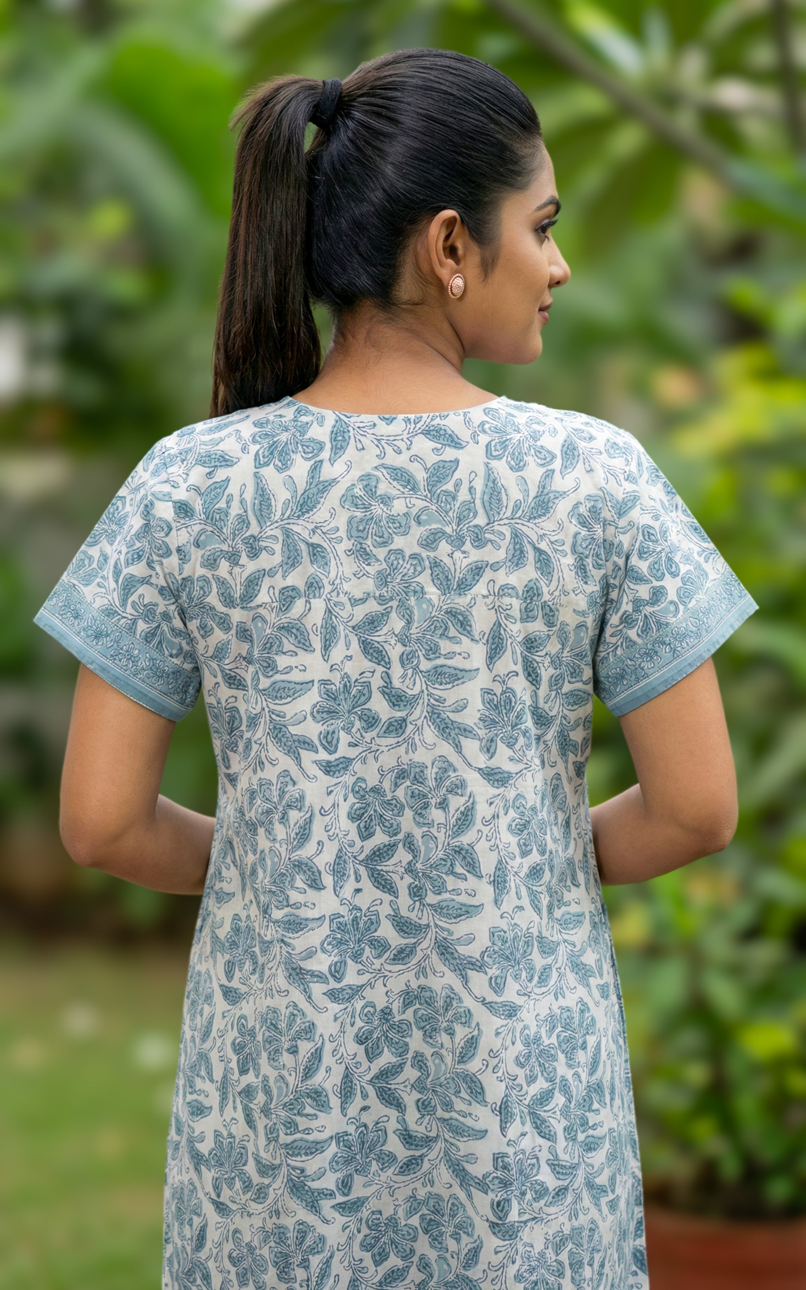 Instore – Navy Blue Cotton Long Nighty, Floral Print, Round Neck with Contrast Yoke Panel, A-line Fit, Women's Sleepwear