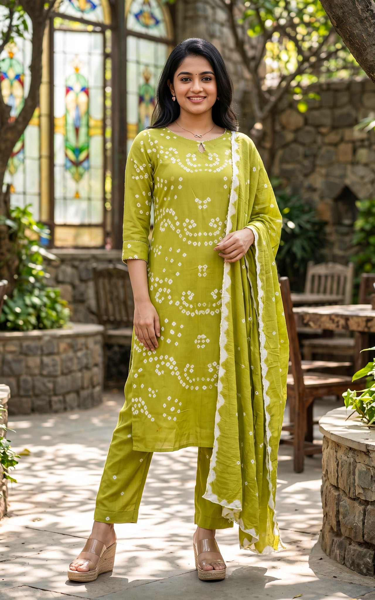 Pista Green Cotton Bandhani Kurti Set for Women