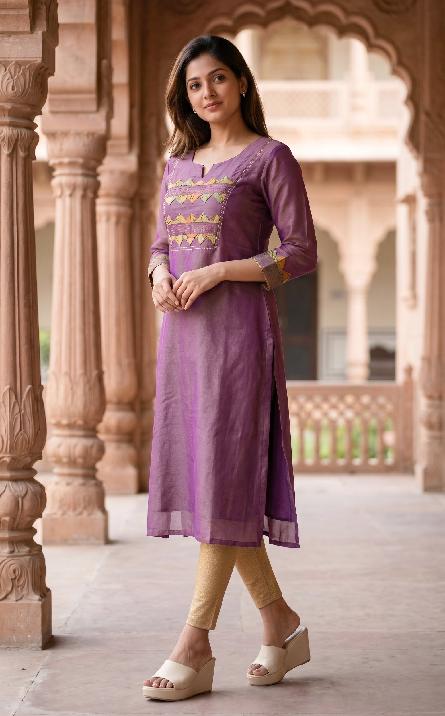 Women Plum Silk Kurti With Patch Work