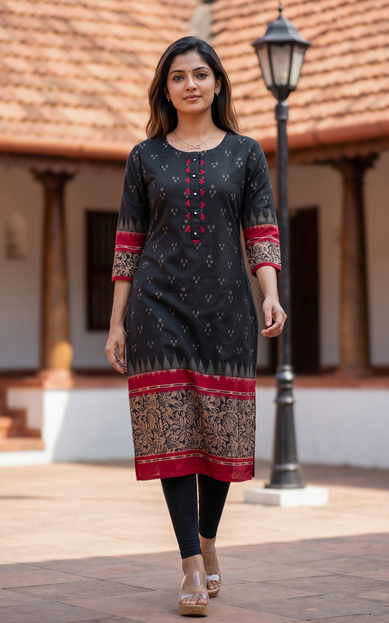 Black and Red Cotton Straight Cut Kurti for Women