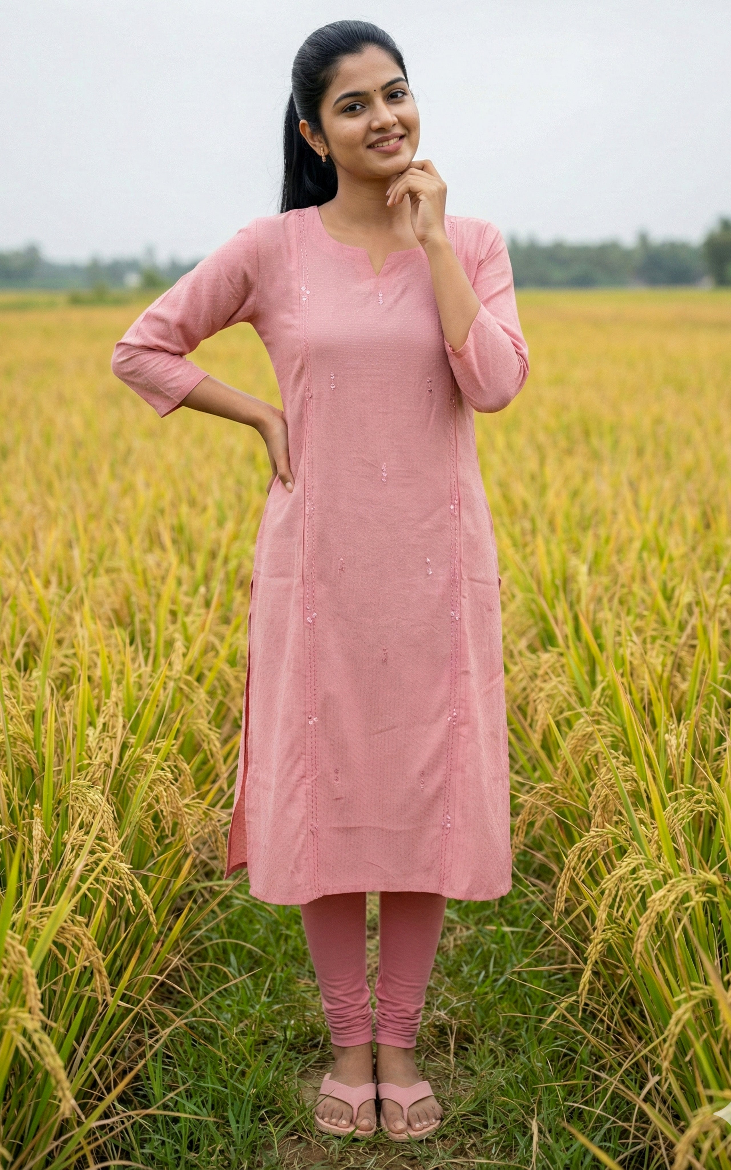 Instore - Dusty Pink Art Silk Straight Cut kurti with Side Slit with Mirror Work and No Lining