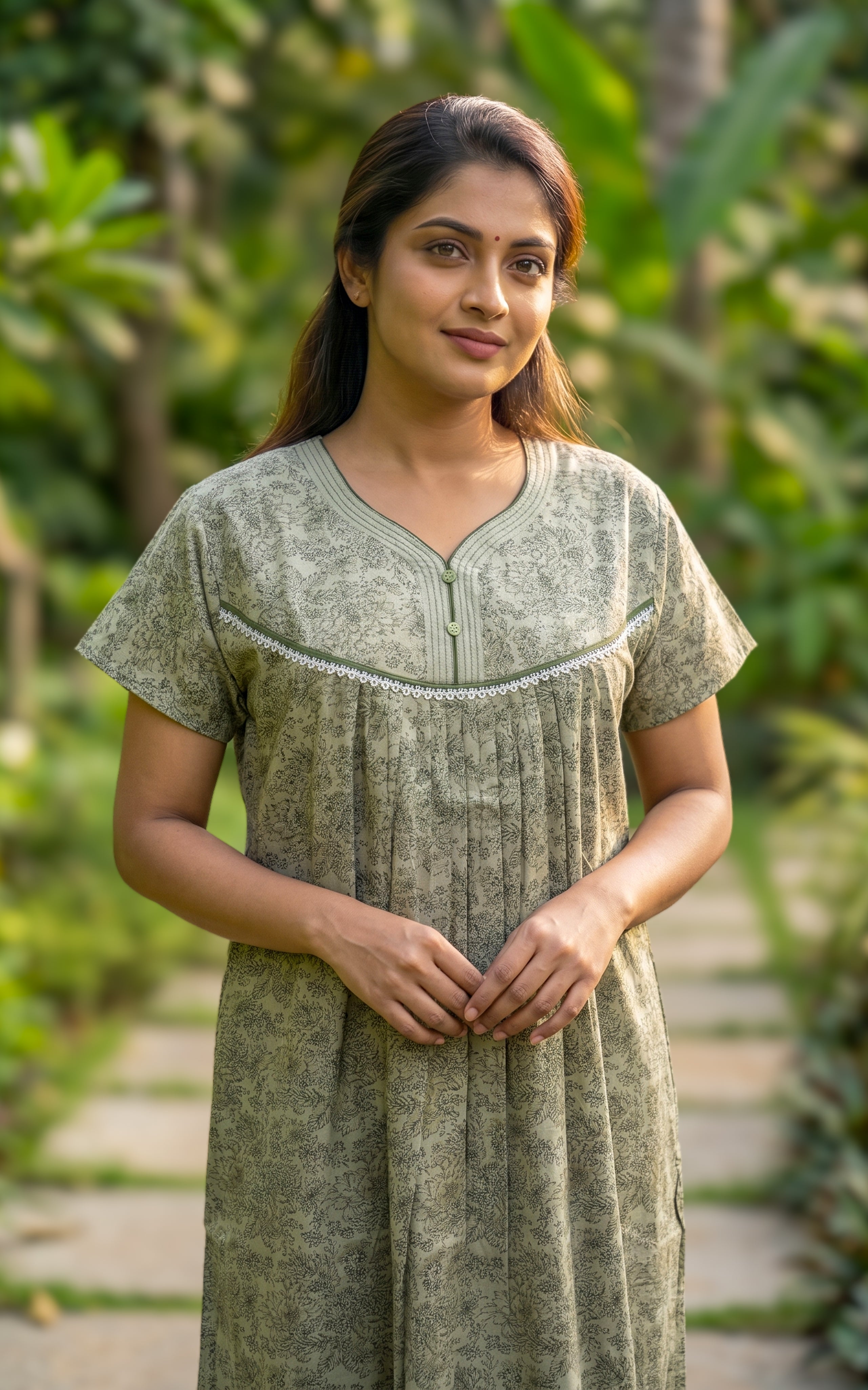 Instore - Sage Green Floral Print Cotton Long Nighty with Side Pocket, Relaxed Fit, Women's Sleepwear