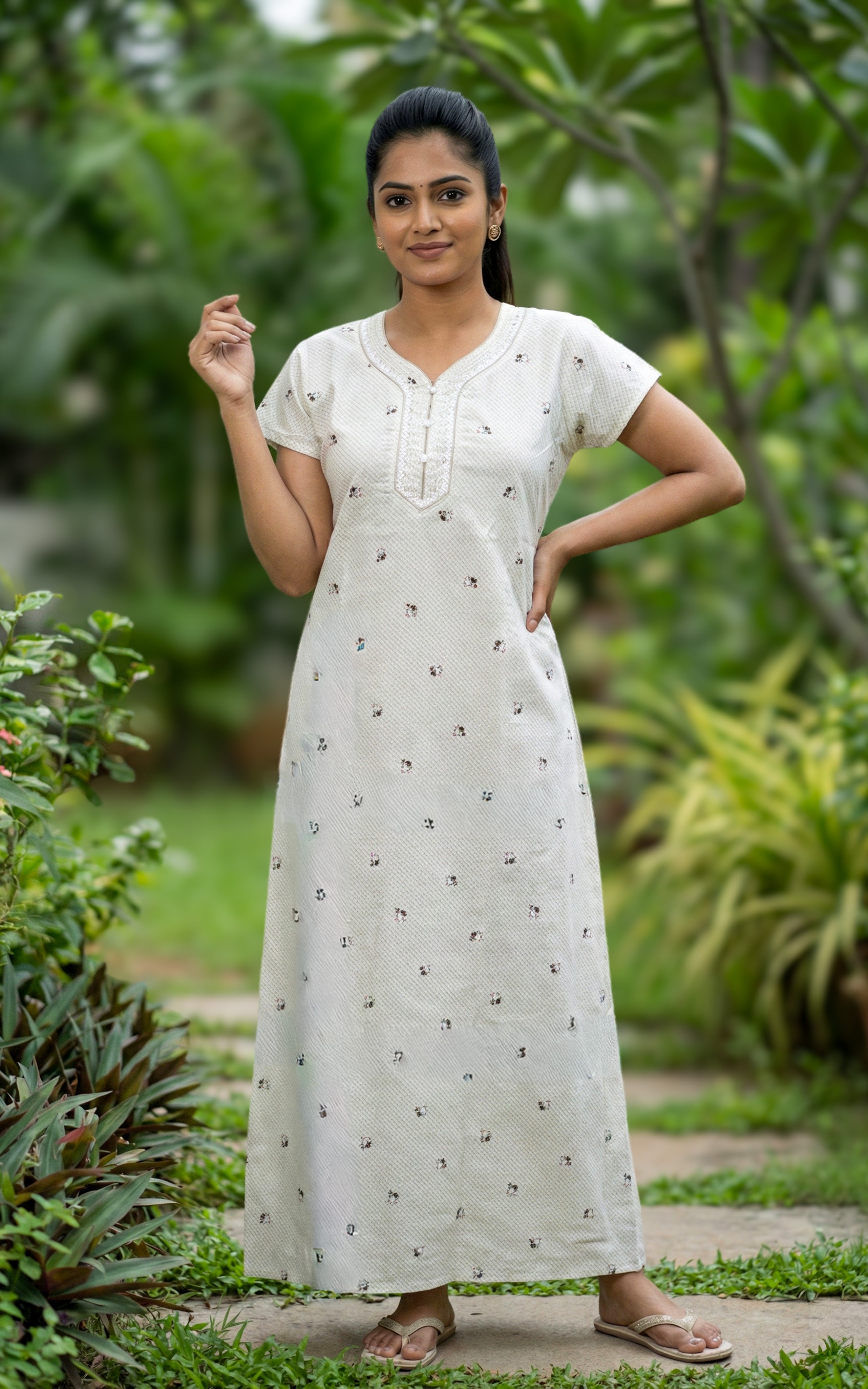 Instore – Off White Cotton Long Nighty, All-Over Small Floral Print, V-Neck with Front Stitch Detailing, A-Line Fit, Women's Sleepwear