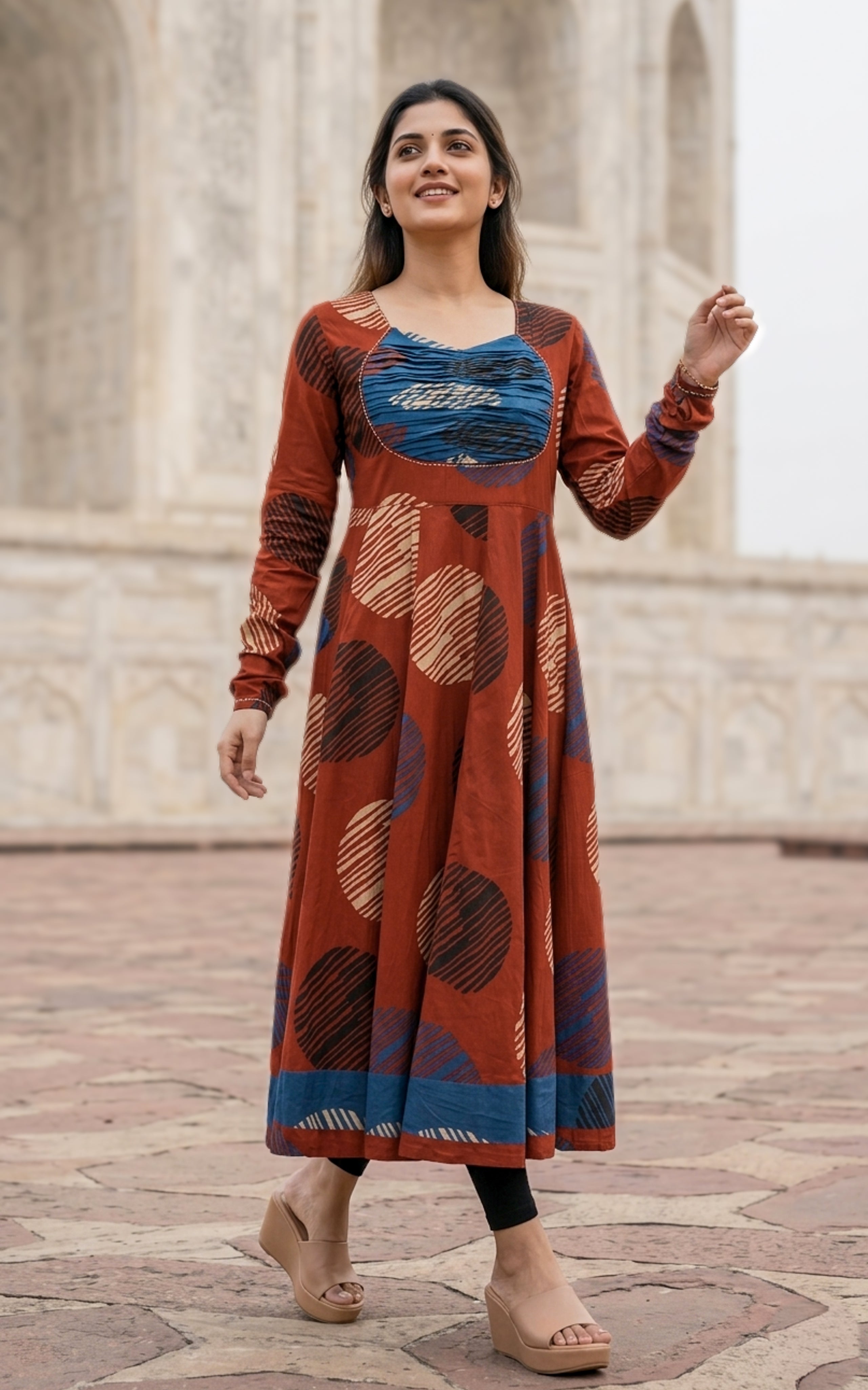 Instore - Maroon Color Printed Cotton Flared Anarkali Kurti with Line Embroidery & Sweetheart Neck with Gathered Sleeve