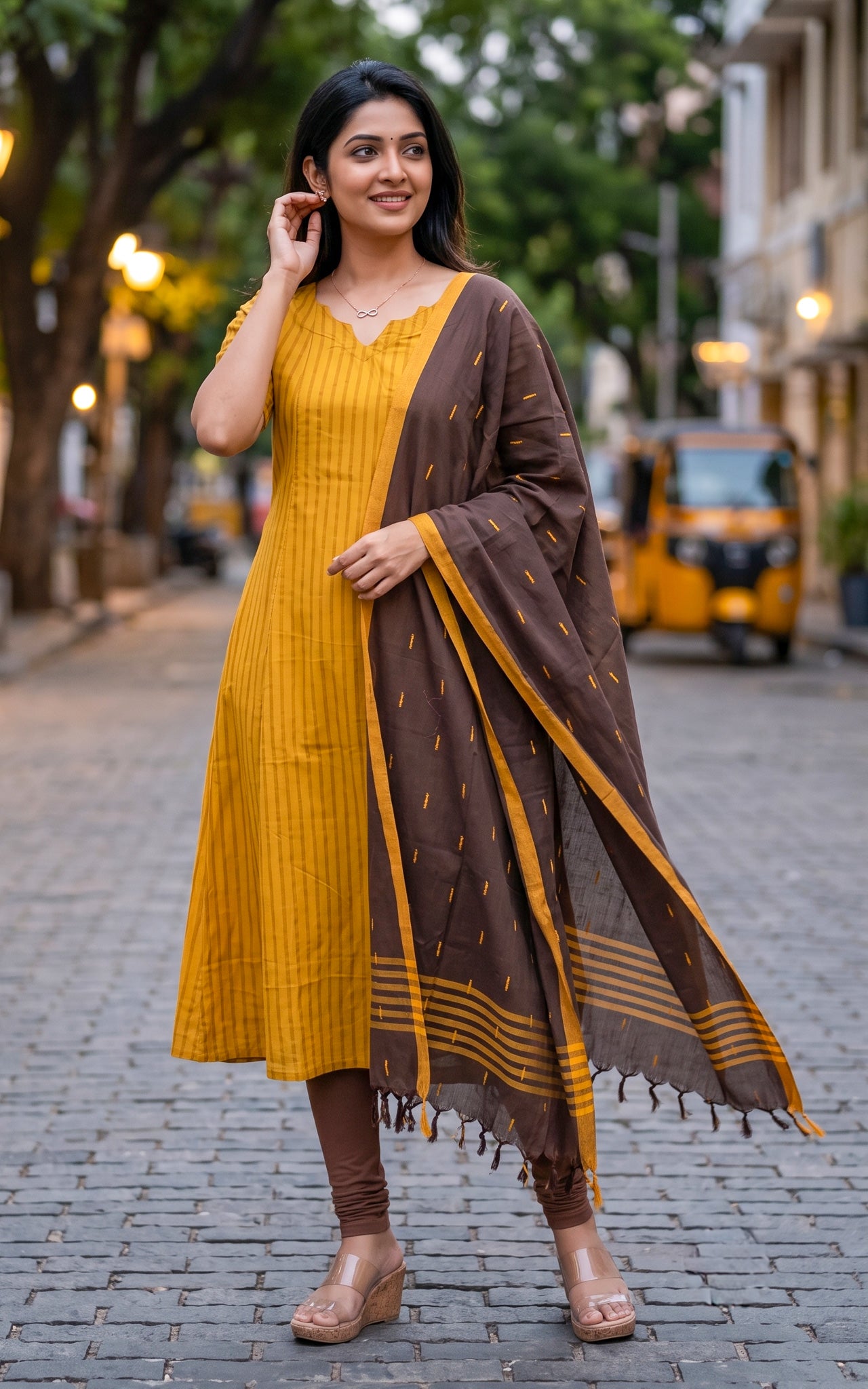 Mustard and Brown Cotton Office Wear Kurti Dupatta for Women