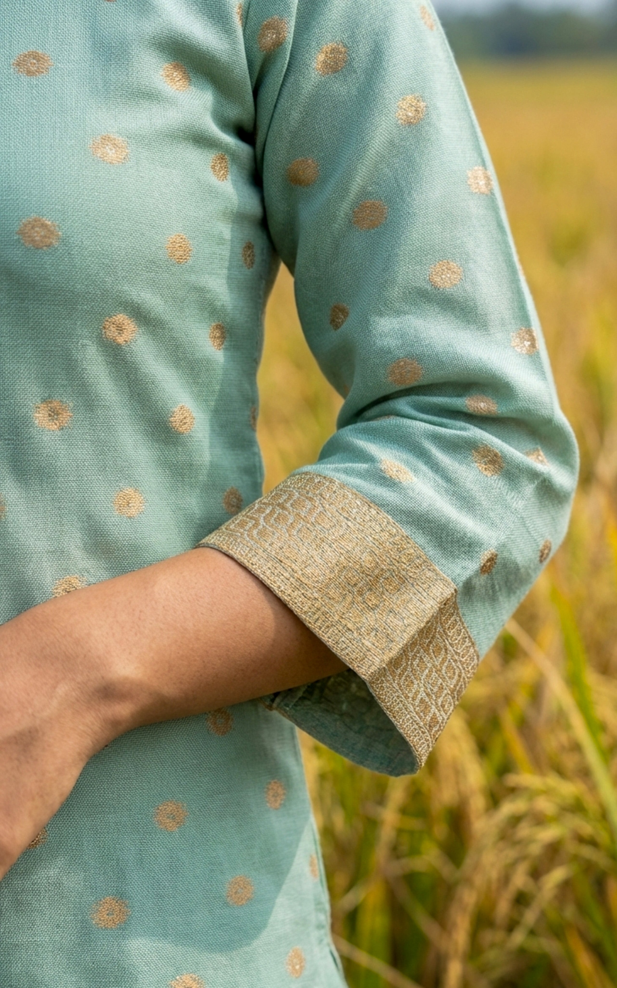 Instore - Pastel Green Chanderi Straight Cut Kurti with Zari Embroidery Neckline, Pant with One Side Pocket & Dupatta