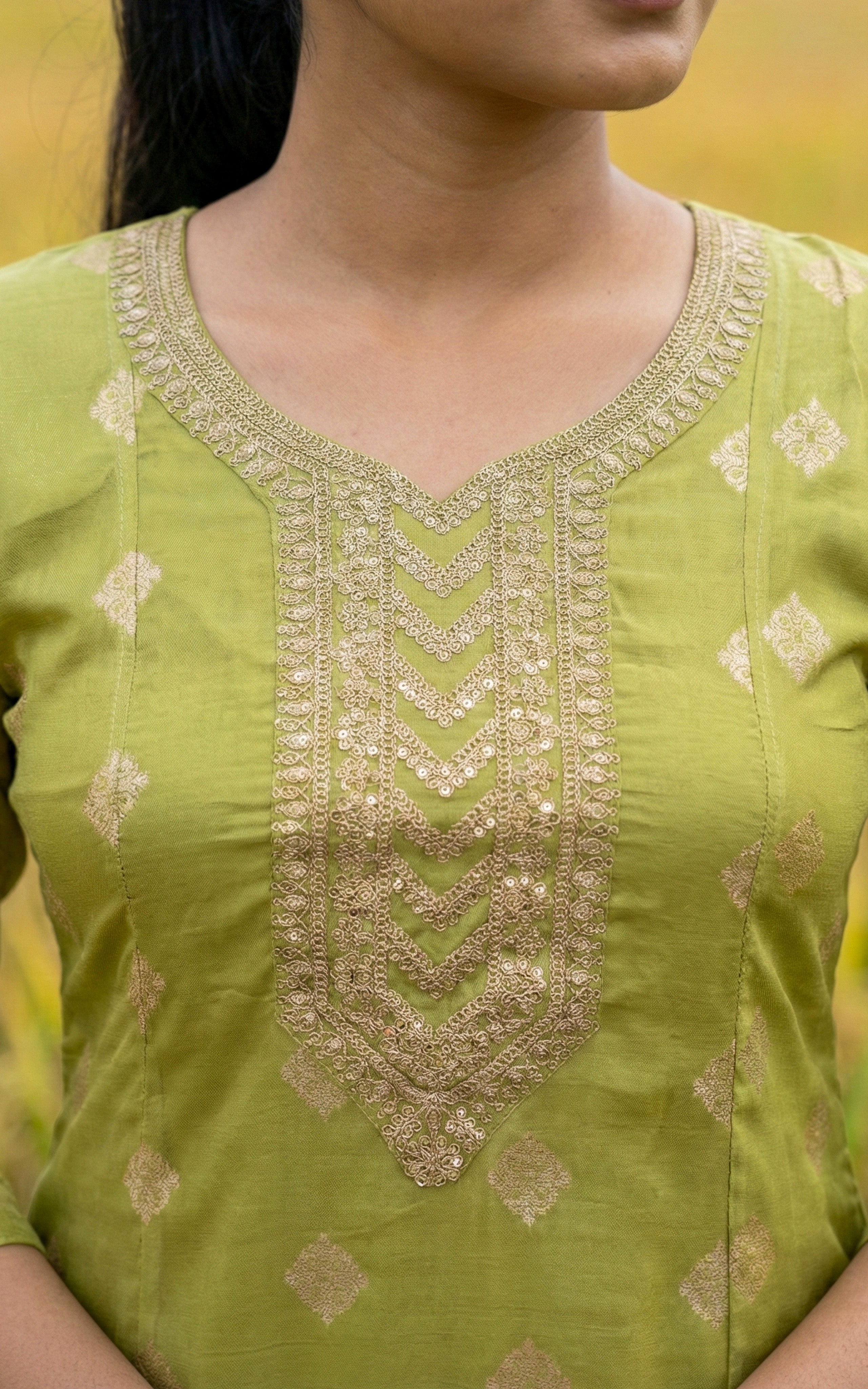 Instore - Pista Green Art Silk Sequin Embroidery Aline Kurti with Side Slit and Butter Crepe Lining