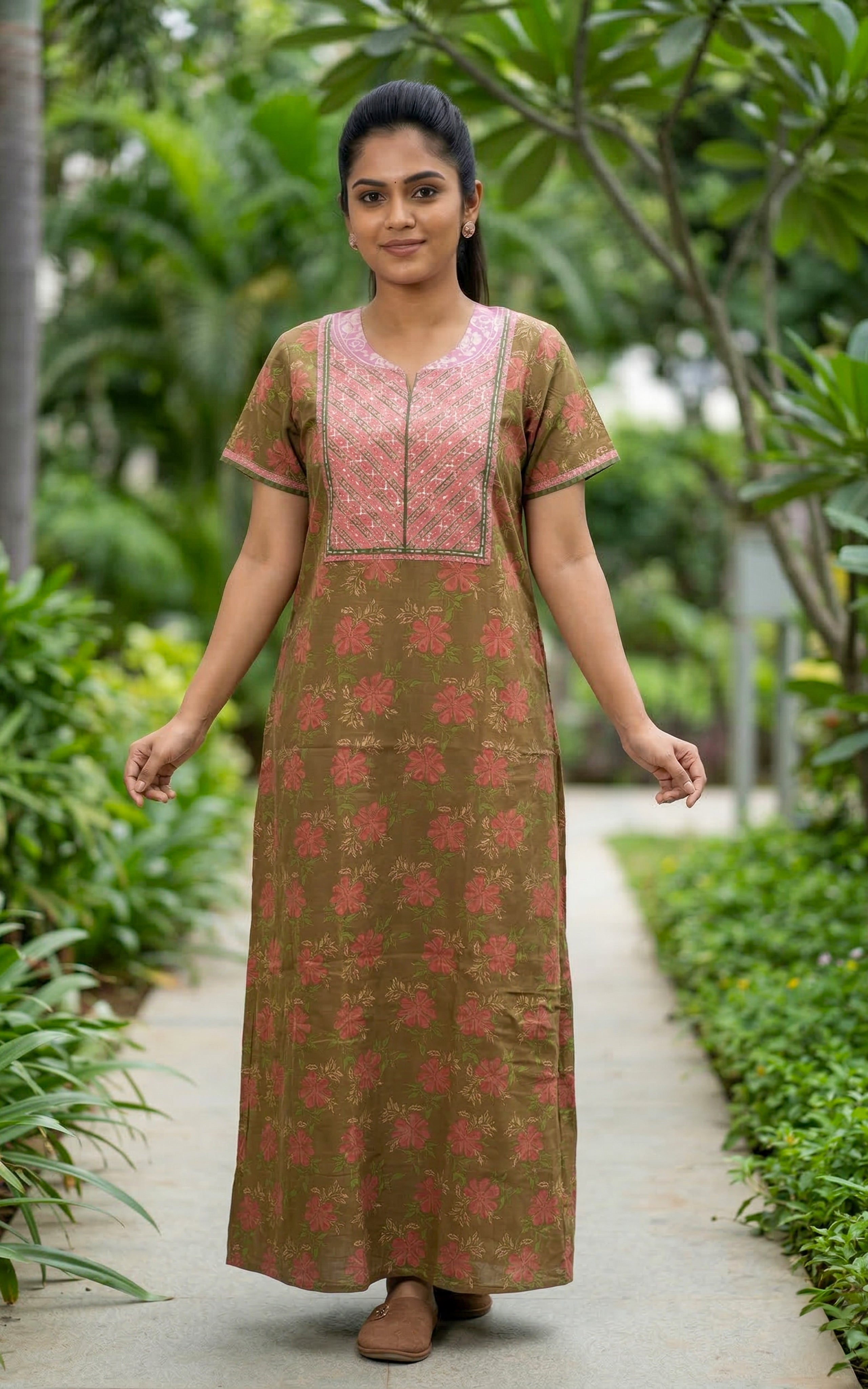 Instore – Olive Brown Cotton Long Nighty, Floral Motif Print, Round Neck with Printed Yoke Panel, Relaxed Fit, Women's Sleepwear