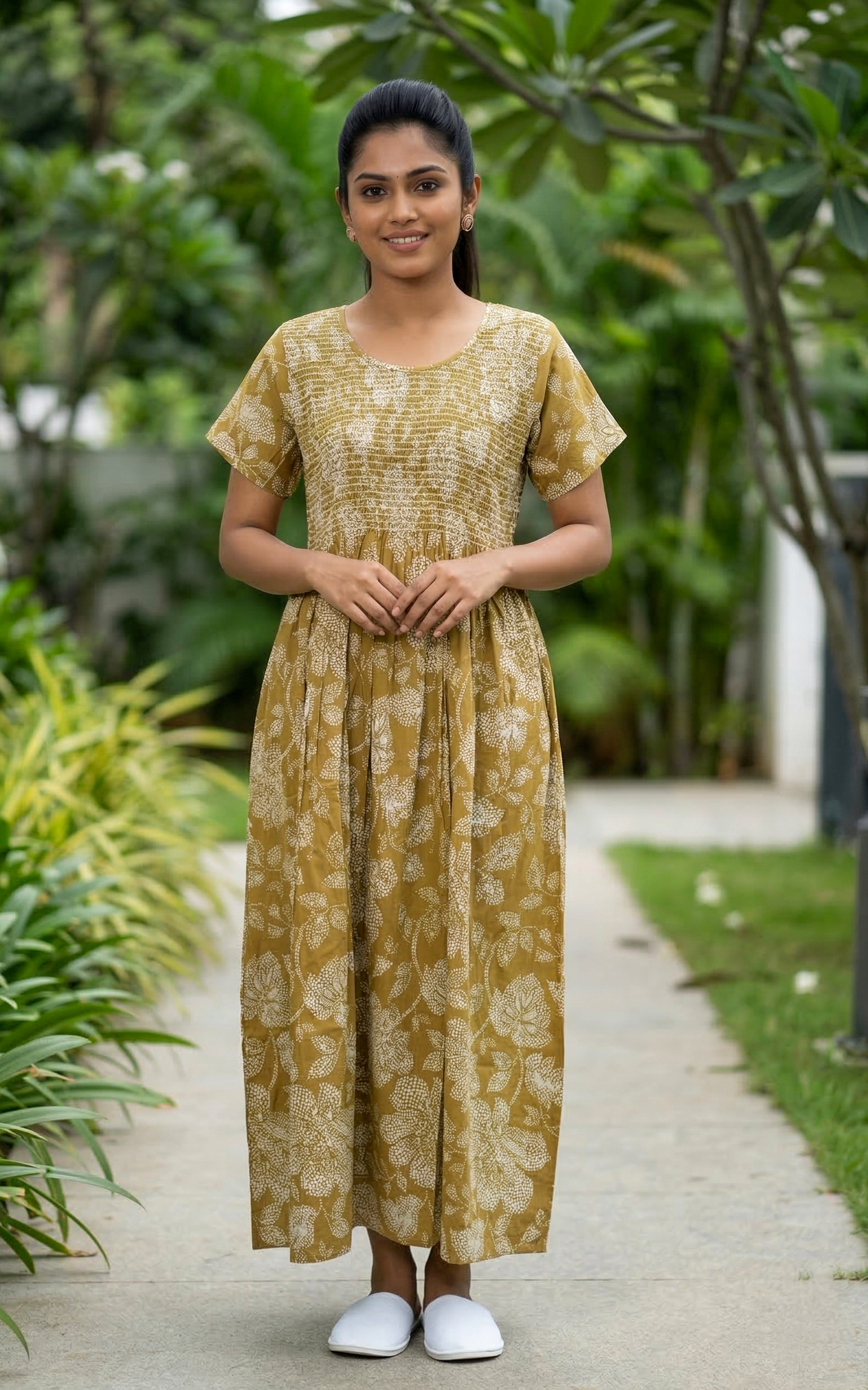 Instore – Mustard Brown Cotton Long Nighty, Floral Motif Print with Smocked Yoke, Round Neck, Relaxed Fit, Women's Sleepwear