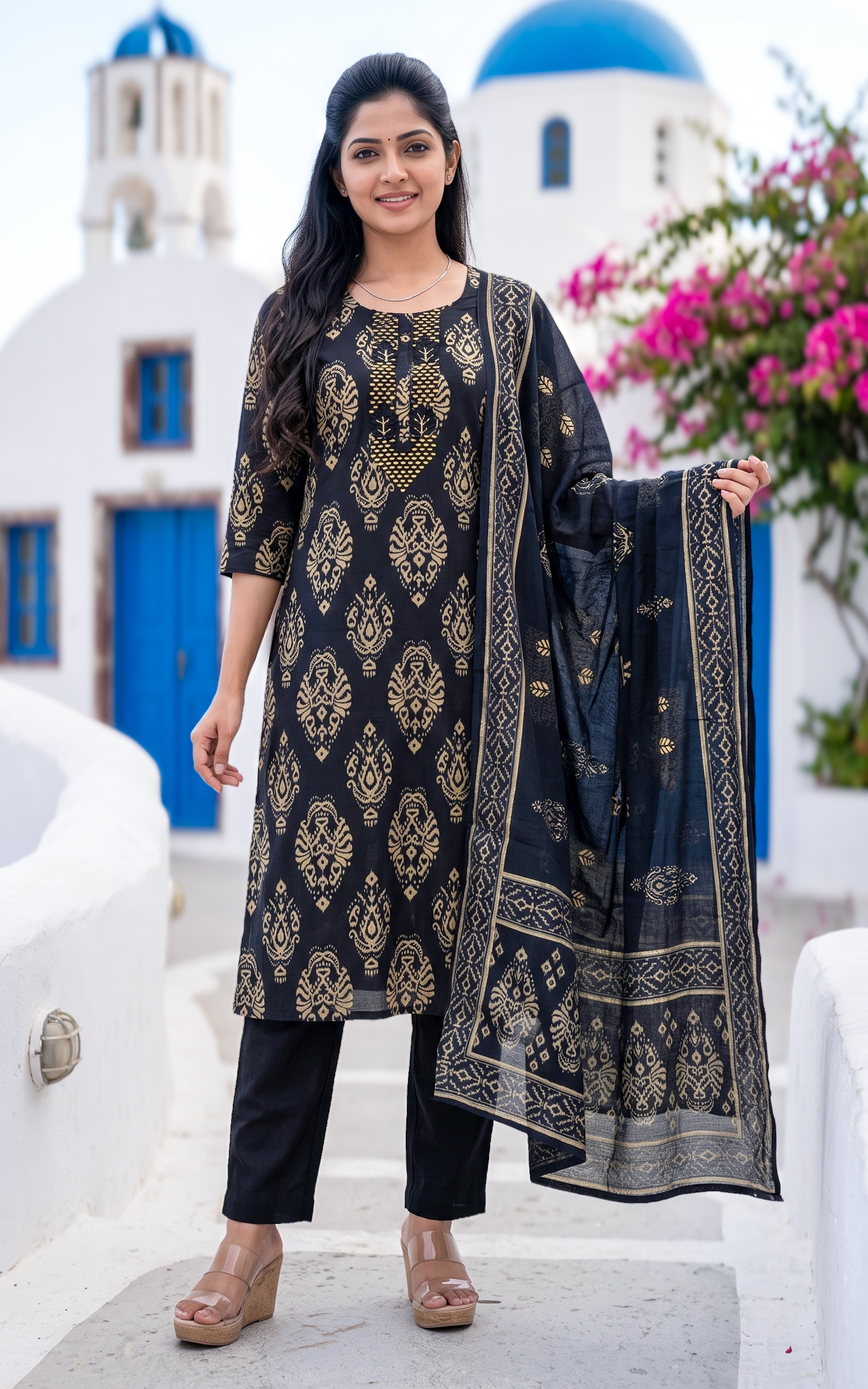 Black Art Silk Straight Cut Kurti Set with Mirror Work for Women