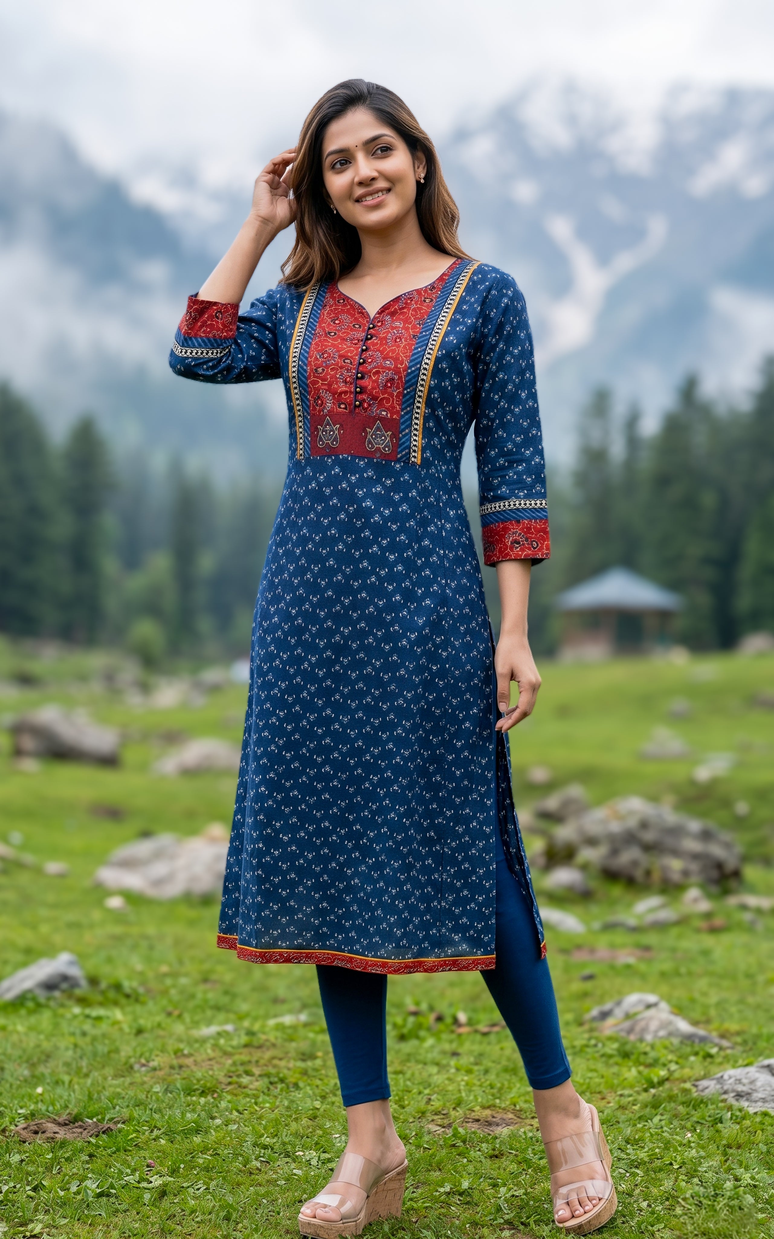 Blue cotton Aline kurti for women