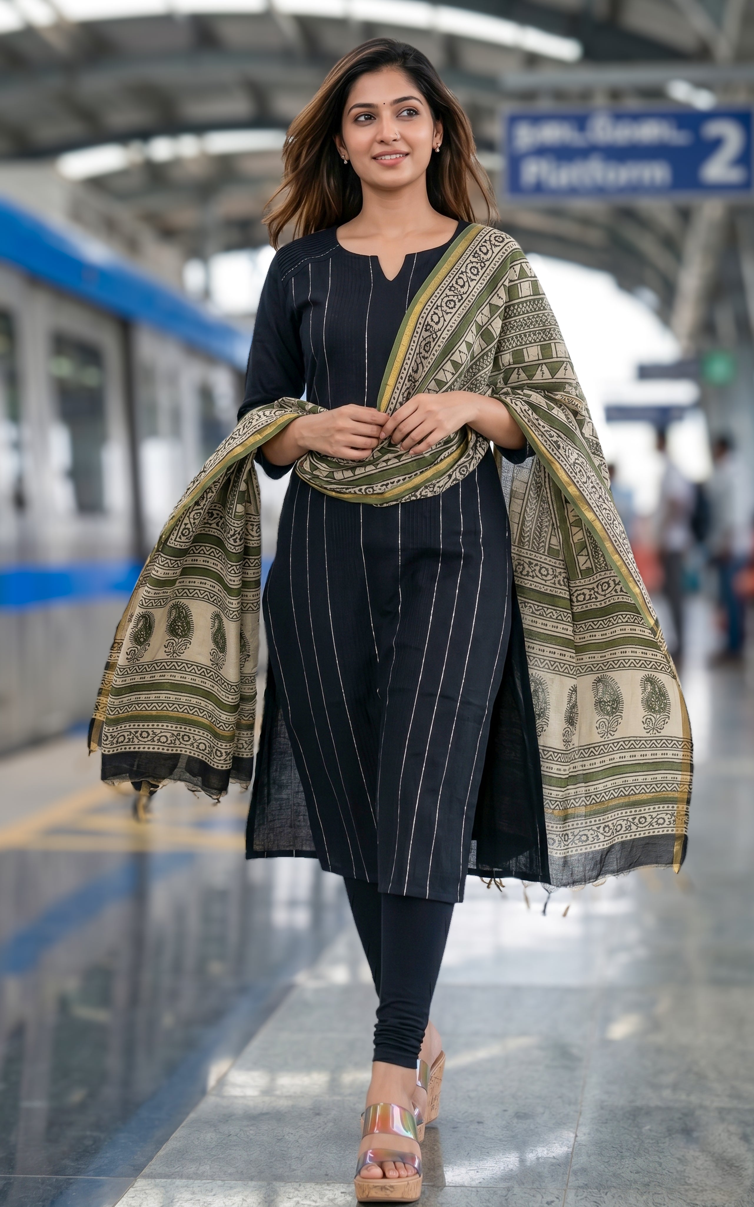 Instore - Black Color Cotton Flex Straight Cut Kurti with Side Slit, Paired with Cotton Dupatta, No Lining
