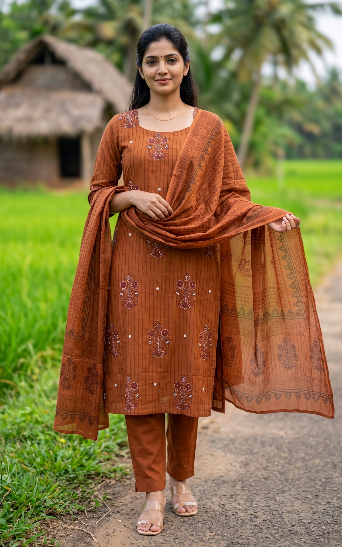 Jarita Brown Handblock (Kurti+Pant+Dupatta)