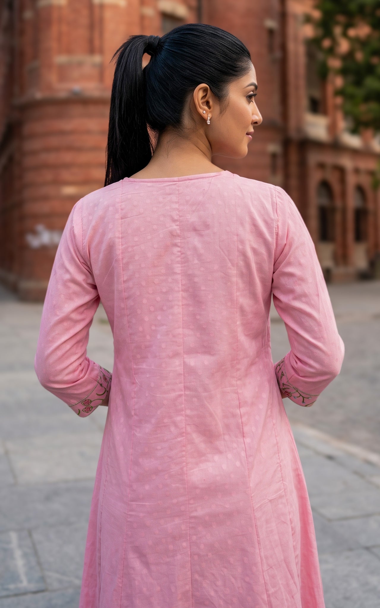 Pastel Pink Cotton Casual Wear Anarkali Kurti Dupatta for Women